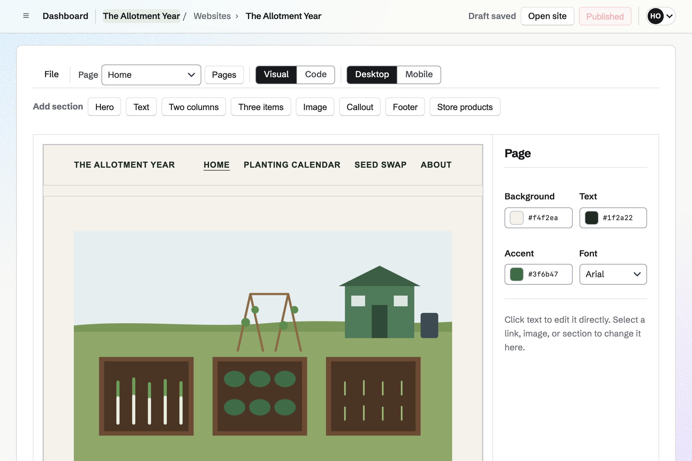 Hannah Okafor’s website, The Allotment Year, open in the Websites editor in Visual mode: the Home page with a picture of her plot under the site’s header, the sections to add, and the Page inspector with the site’s colours.