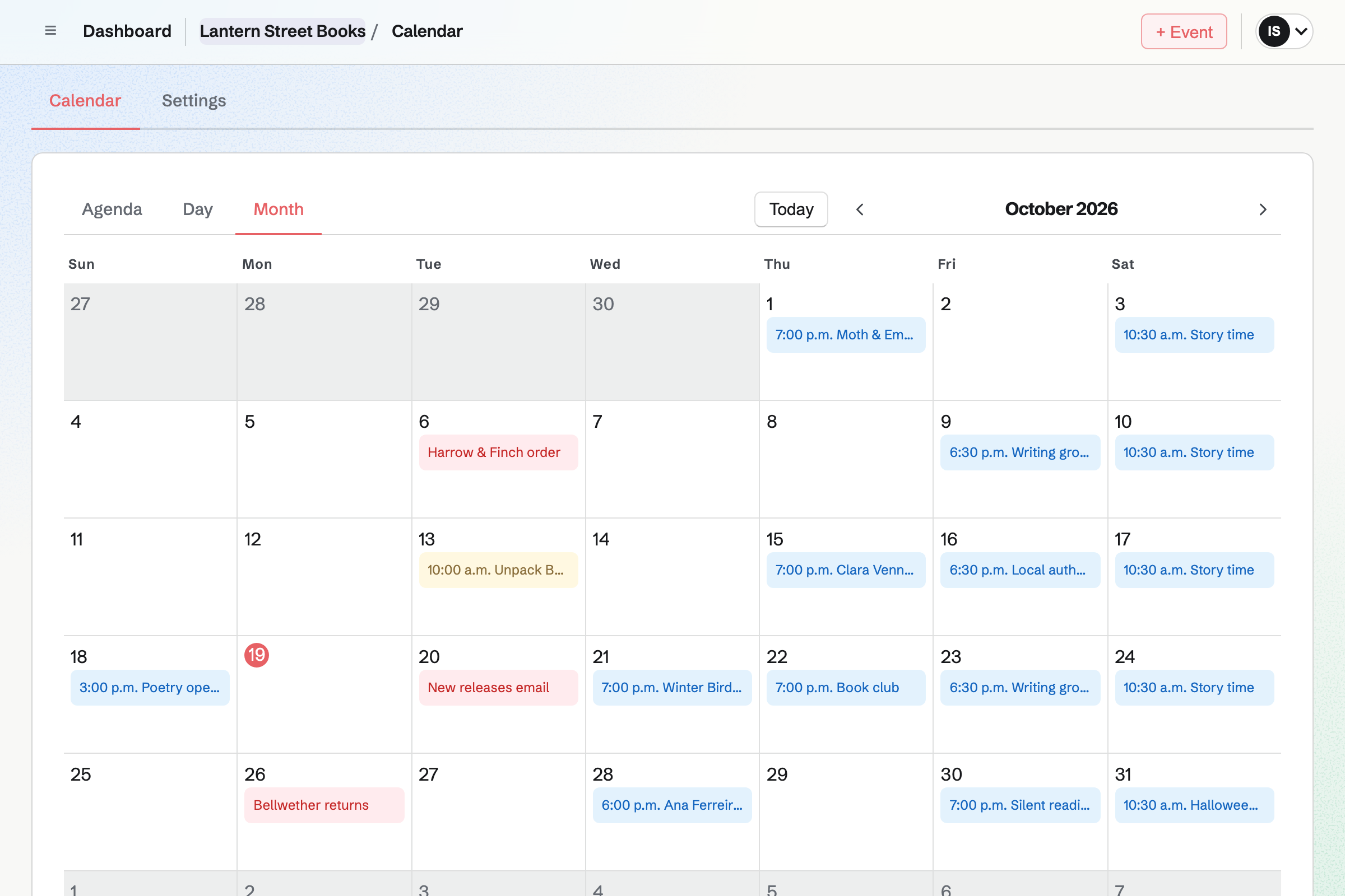 Lantern Street Books’ team Calendar for the month: an author reading, a book launch and a signing, book club evenings, a writing group and Story time, with the shop’s order deadlines and its newsletter.