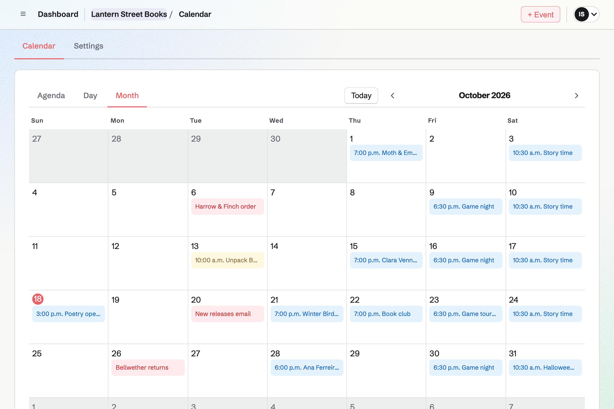 Lantern Street Books’ team Calendar for the month: an author reading, a book launch, board game nights, book club evenings and Story time, with the shop’s order deadlines and its newsletter.