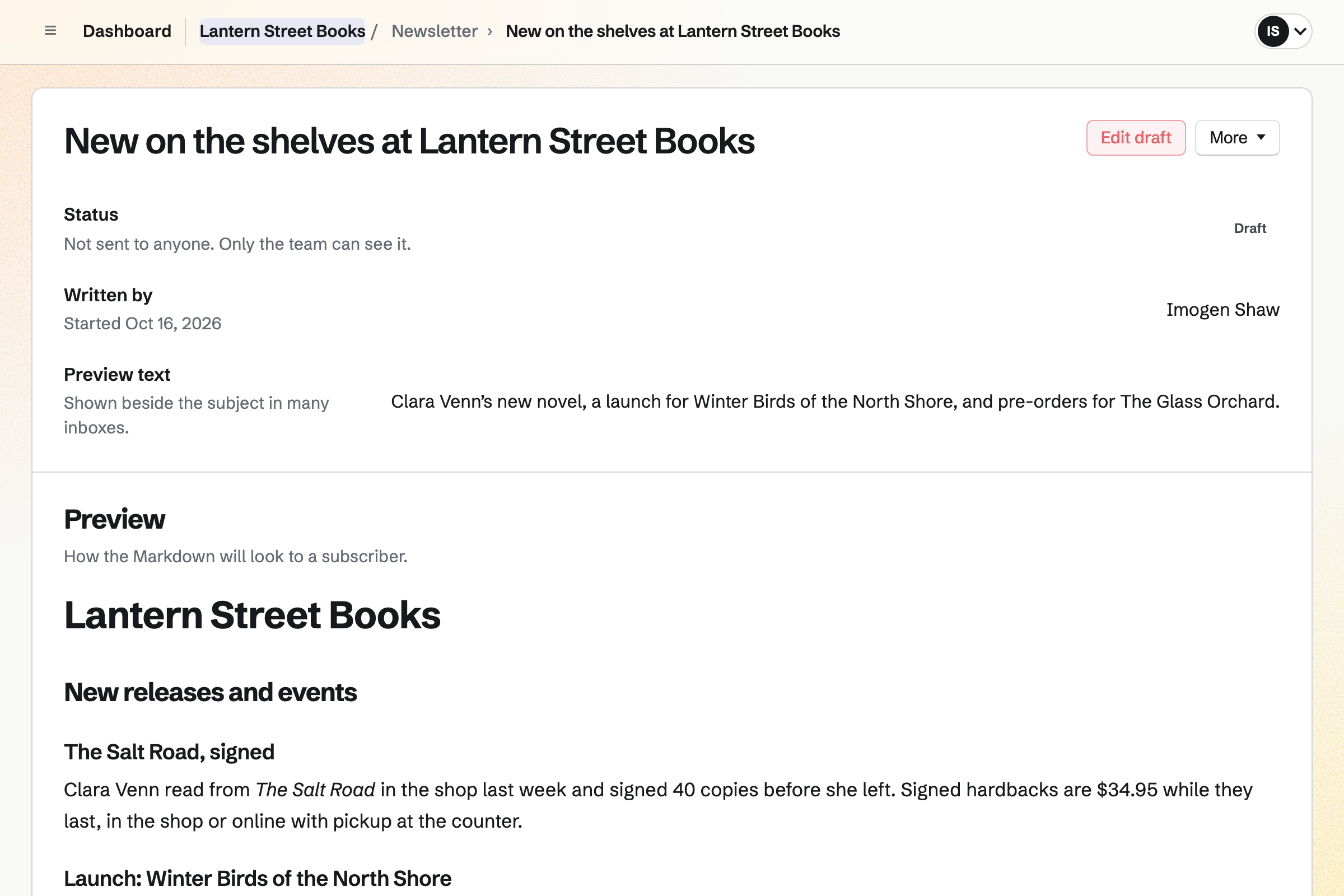 Lantern Street Books’ draft of its new releases email, not sent to anyone yet: who started it, its preview text, and the email as a subscriber will see it, opening with signed copies of The Salt Road and a book launch.