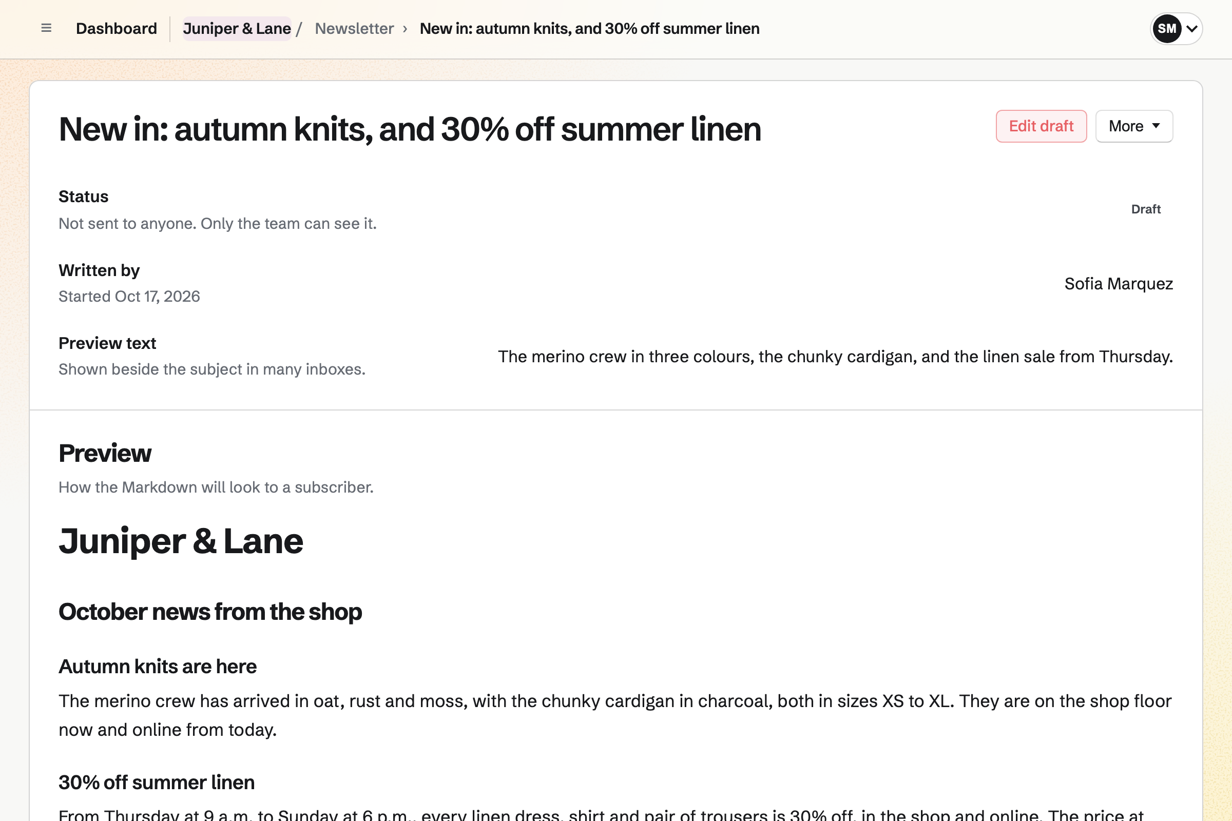 Juniper & Lane’s draft email about new autumn knits and the summer linen sale, not sent to anyone yet: who started it, its preview text, and the email as a subscriber will see it.