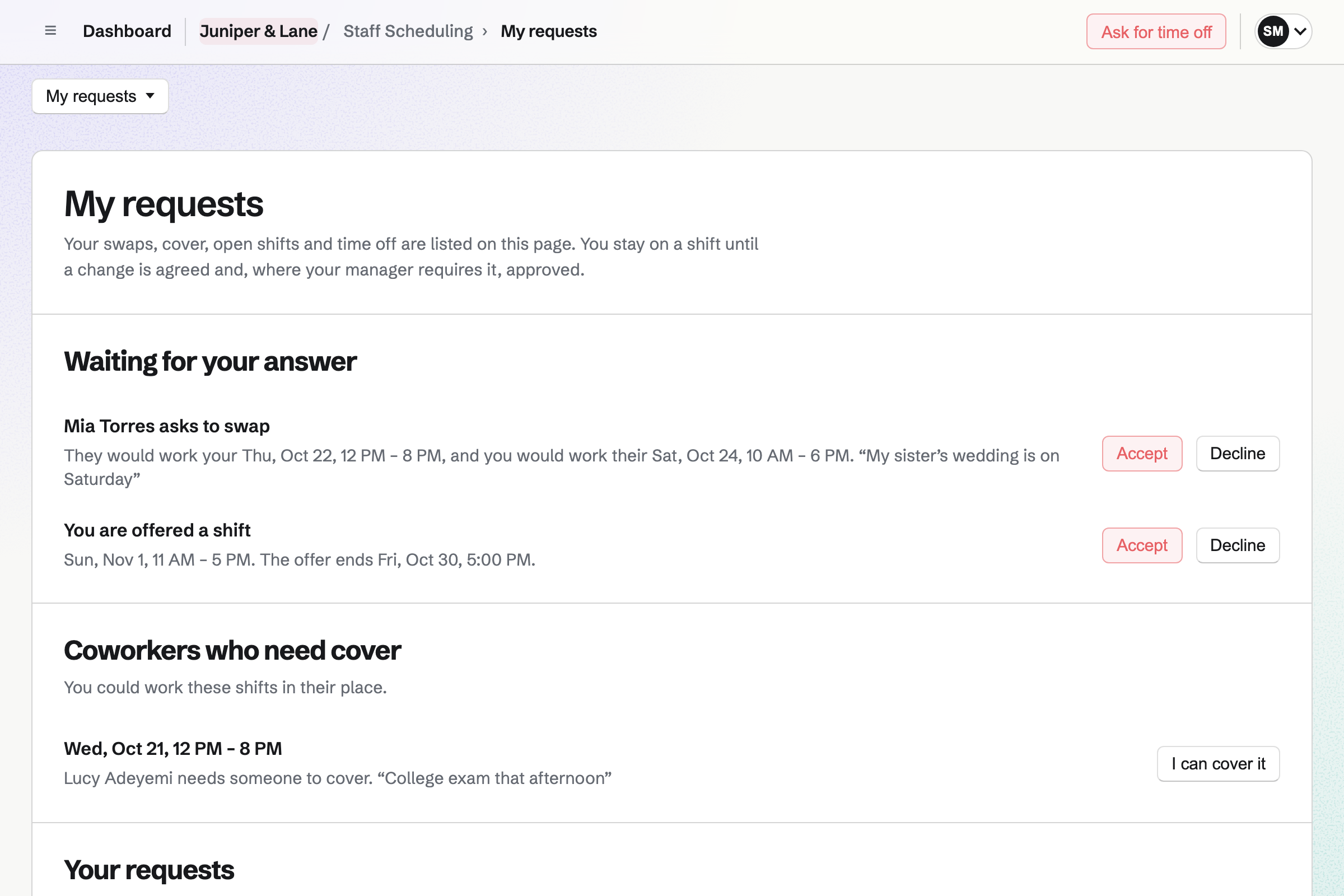 Sofia Marquez’s My requests page at Juniper & Lane: Mia Torres asking to swap shifts and a Sunday shift offered to Sofia, both waiting for an answer, and Lucy Adeyemi asking for someone to cover her Wednesday.