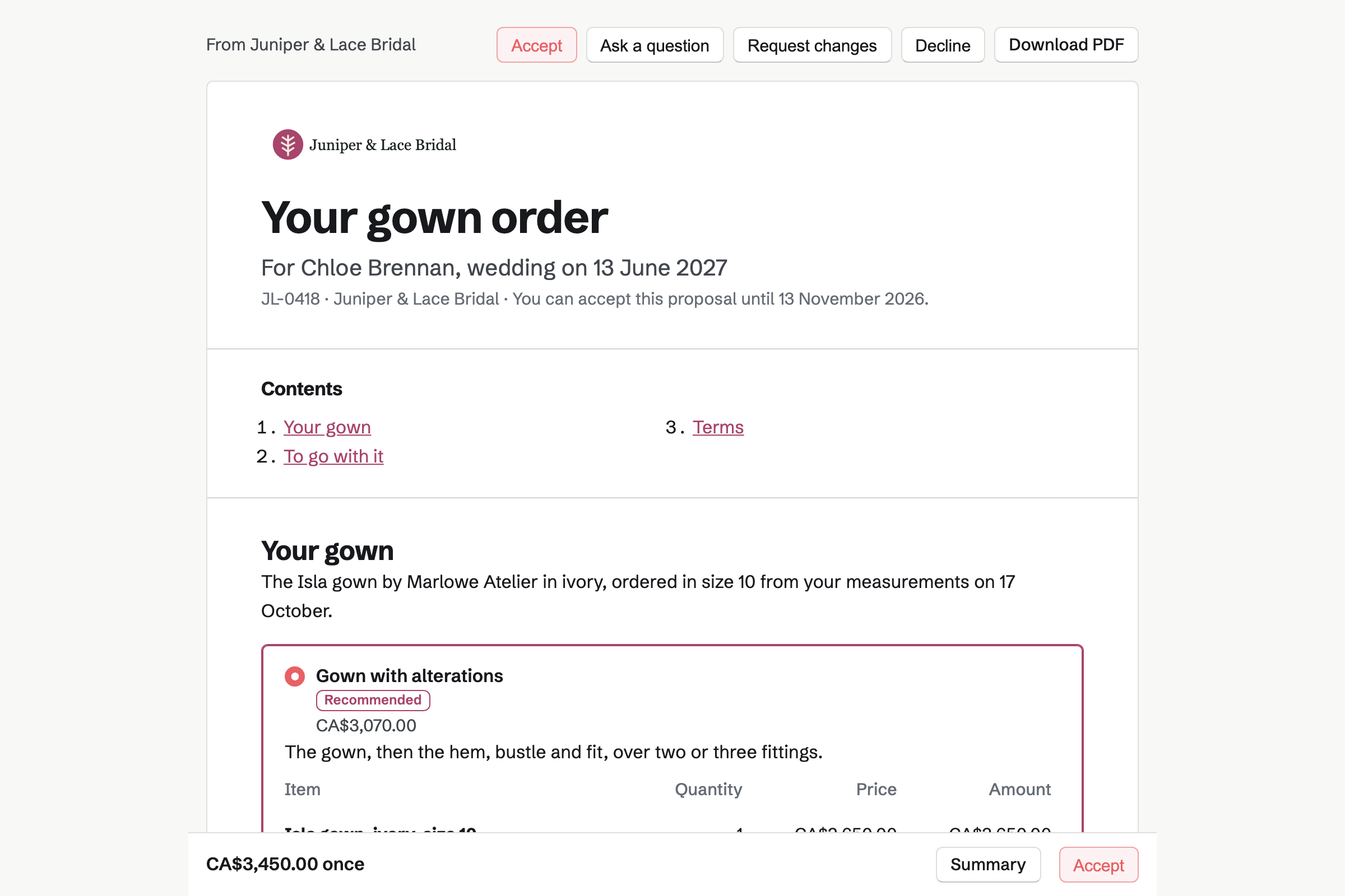 A gown order from Juniper & Lace Bridal for Chloe Brennan, with the cover, the list of contents, the gown with alterations chosen, and the total in a bar at the foot of the screen.