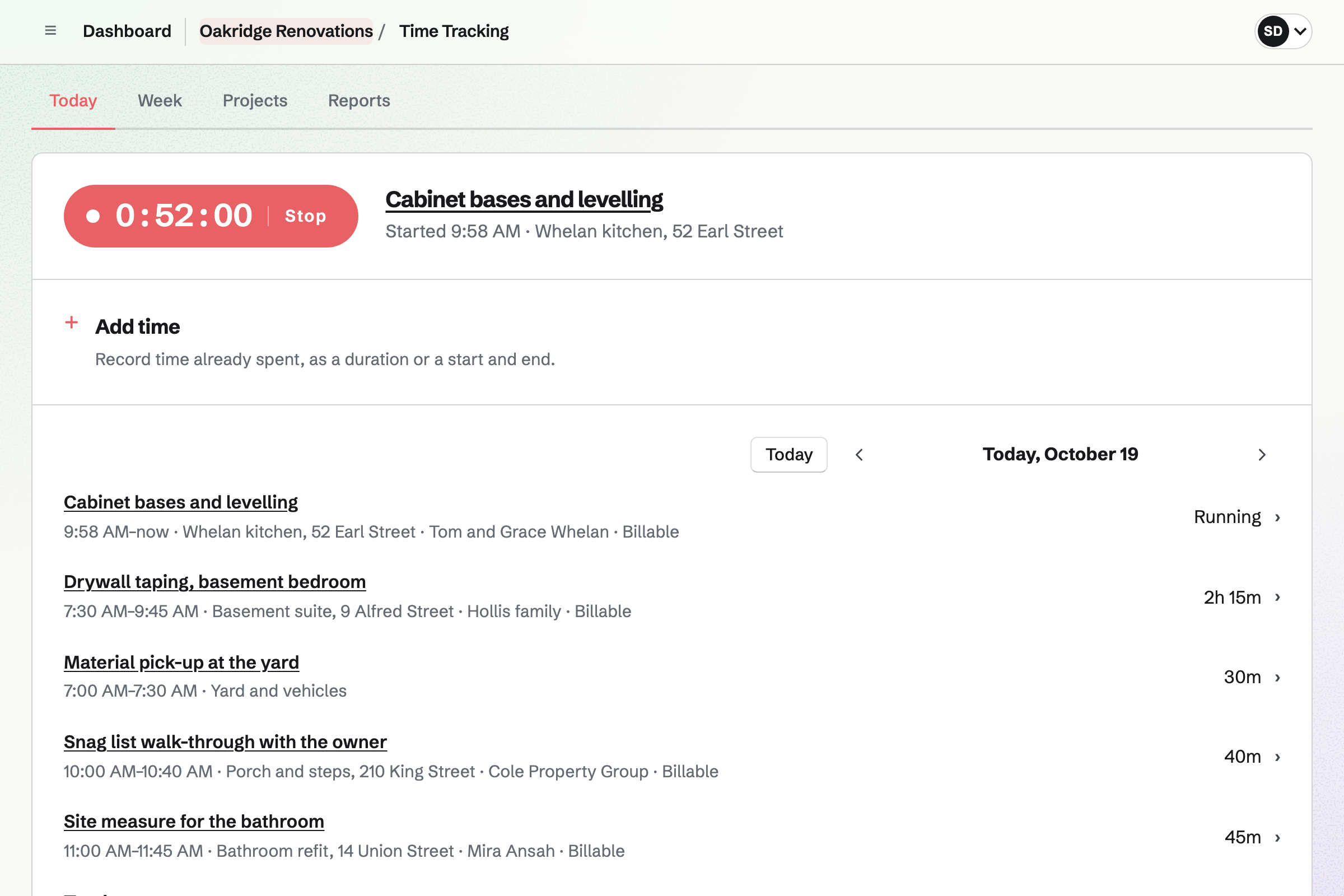 Oakridge Renovations’ Time Tracking: a timer running on the Whelan kitchen, and the morning’s entries on other jobs.