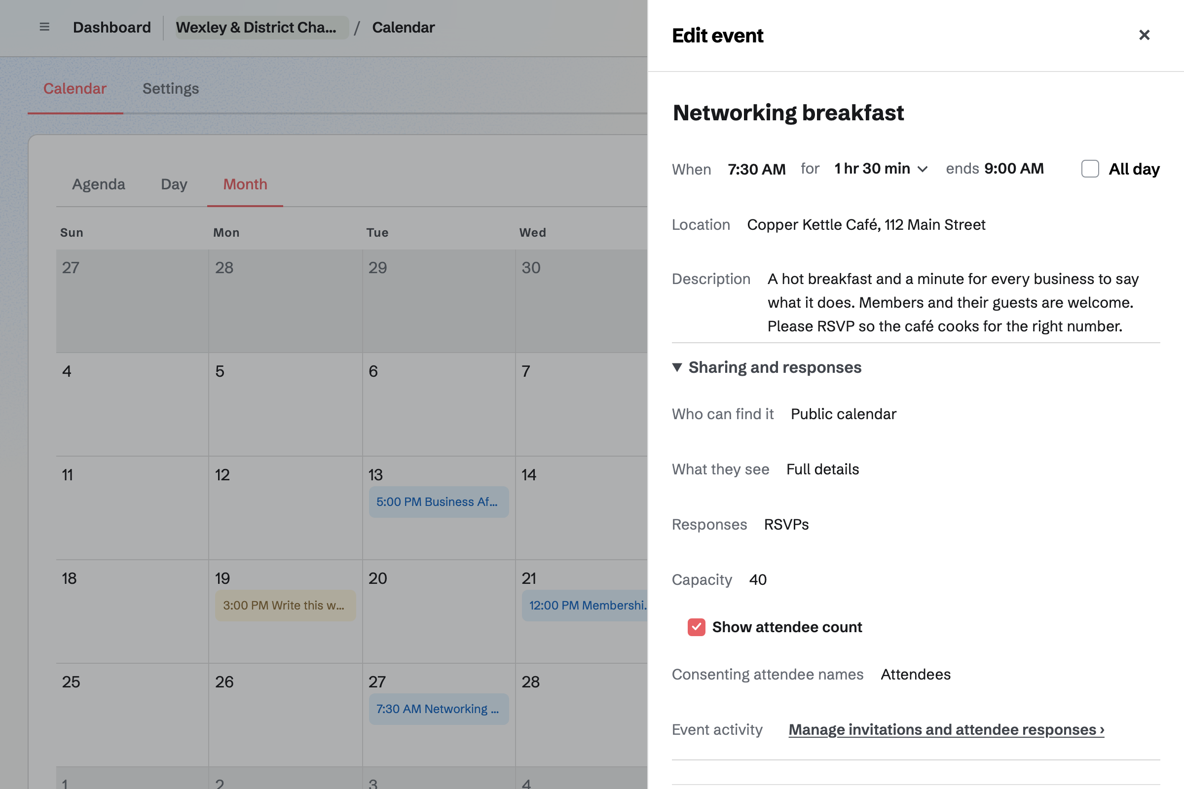 Wexley & District Chamber of Commerce’s Calendar for the month with the networking breakfast open: on the public calendar, with full details, RSVPs up to 40 people, the count of who is going shown, and names shown to the others who are going.