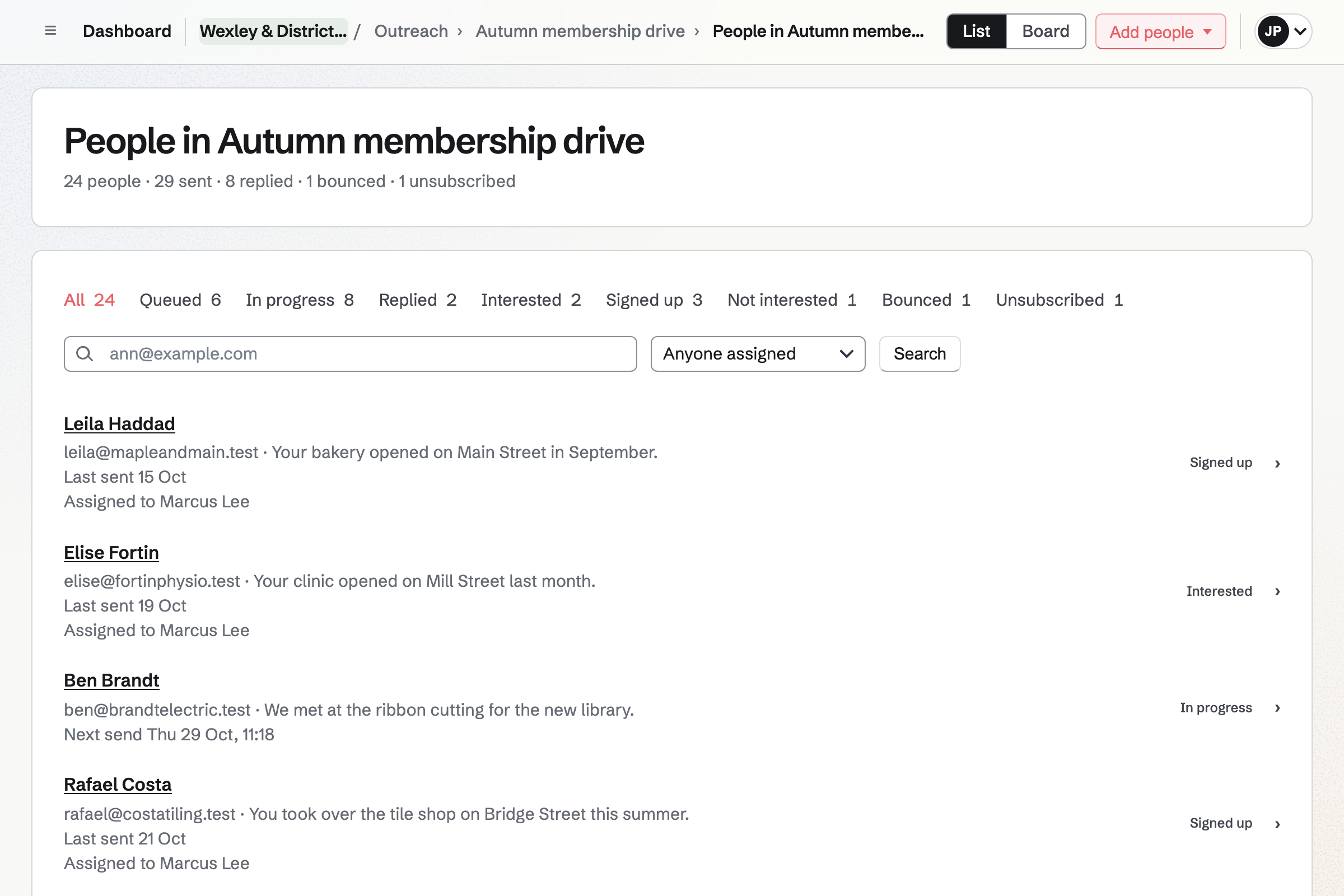 The people in Wexley & District Chamber of Commerce’s autumn membership drive, with tabs by stage: each business owner’s address, the line written about their business, their stage, such as Signed up, Interested or In progress, and the colleague who will visit.