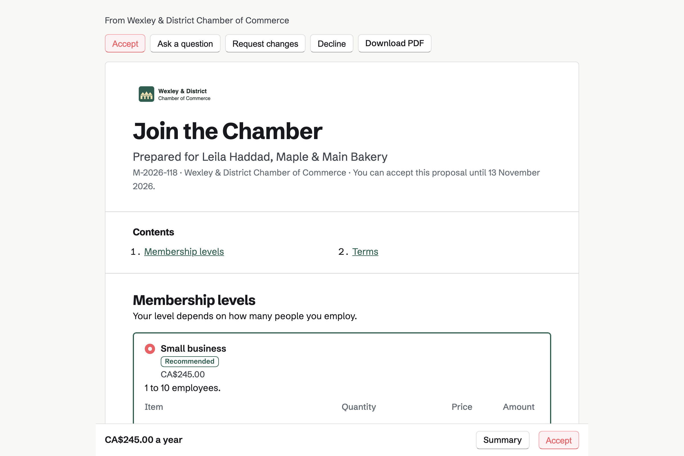 Wexley & District Chamber of Commerce’s membership offer as Maple & Main Bakery sees it: the cover, then the membership levels with Small business chosen, and its yearly dues in the bar at the foot of the screen.