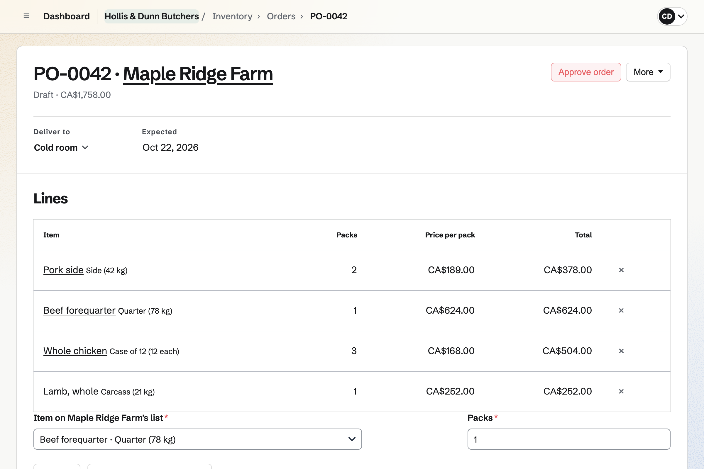 A purchase order from Hollis & Dunn Butchers to Maple Ridge Farm in kilos: pork sides, beef forequarter, chicken and lamb, to be delivered to the cold room.