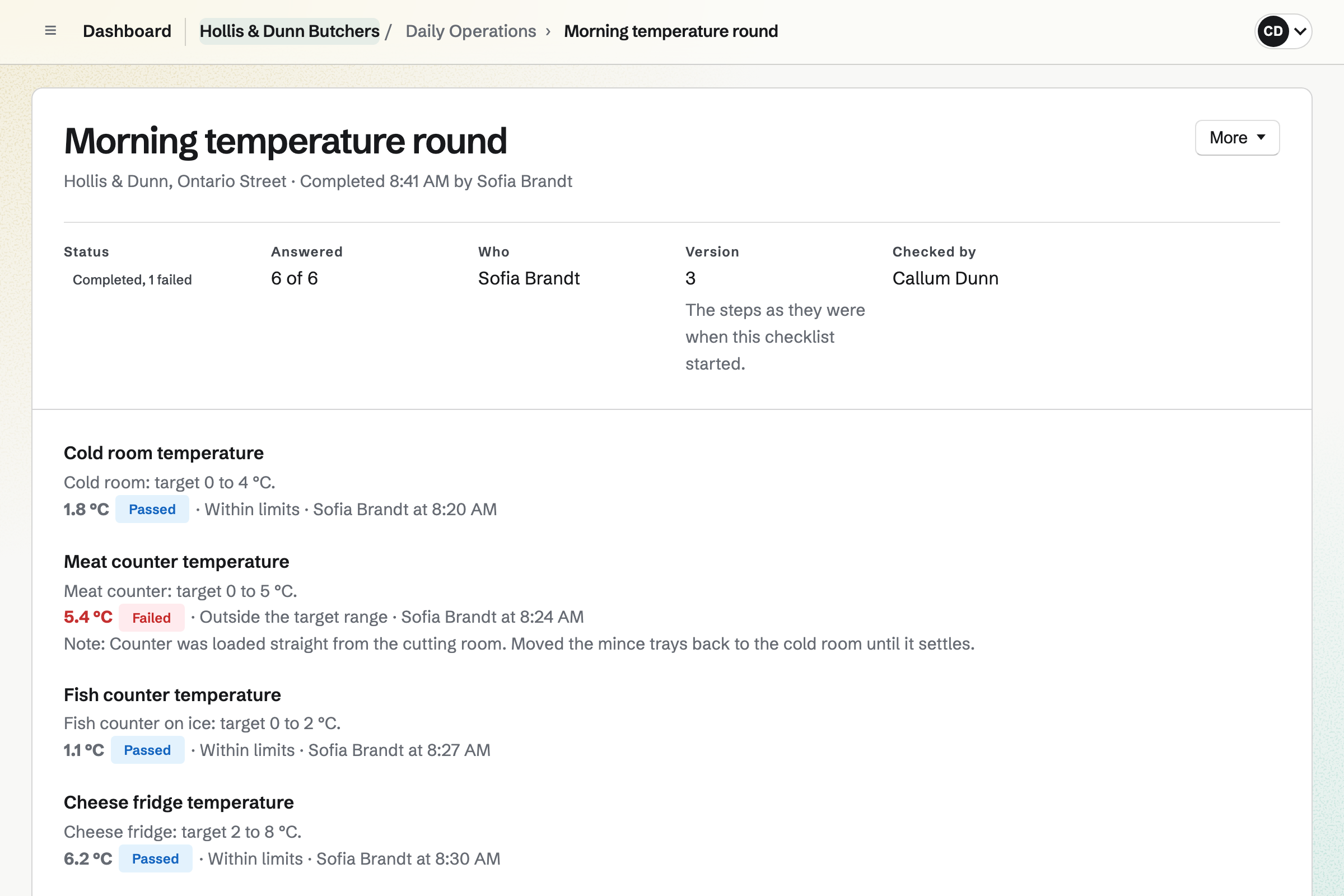 A completed morning temperature round at Hollis & Dunn Butchers, taken by Sofia Brandt and checked by Callum Dunn: the meat counter read 5.4 °C, outside its target, with a note saying why, and the cold room, fish counter and cheese fridge read within their limits.