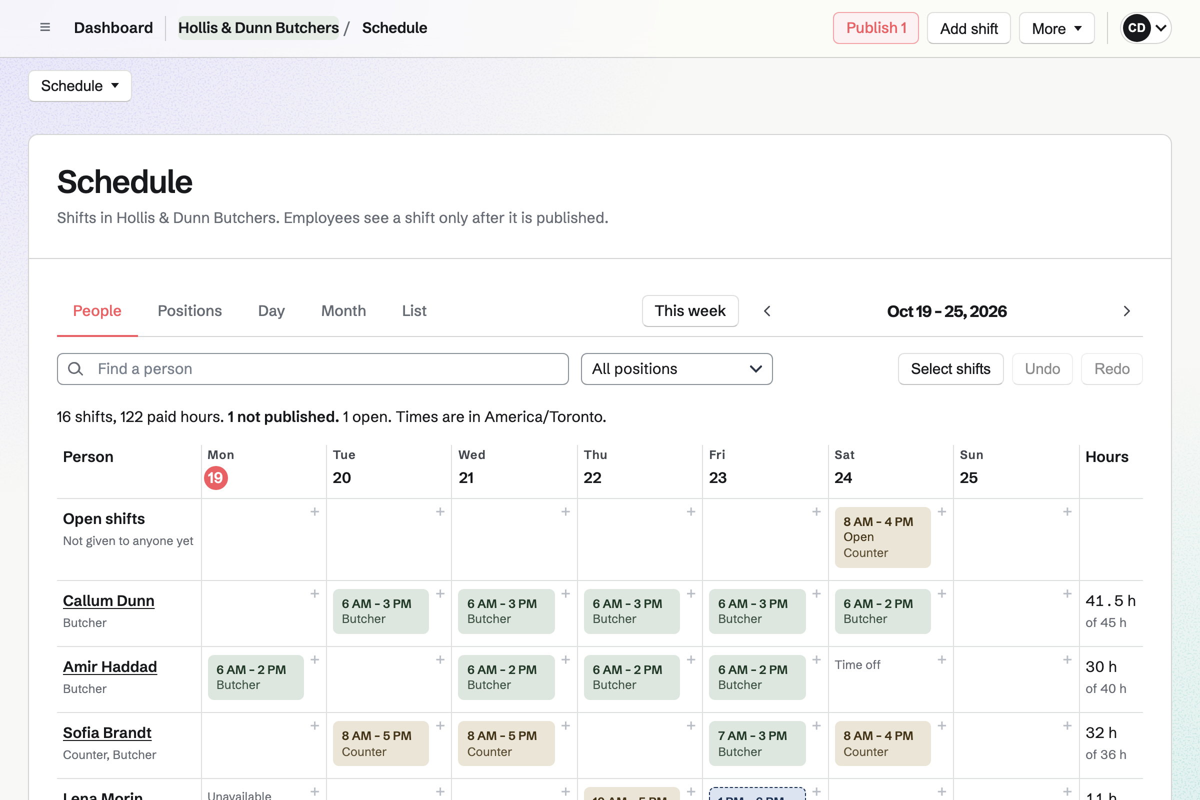 Hollis & Dunn Butchers’ week in Staff Scheduling by person: an open Saturday counter shift, then butchers, counter staff and a driver with their shifts by day and their weekly hours.