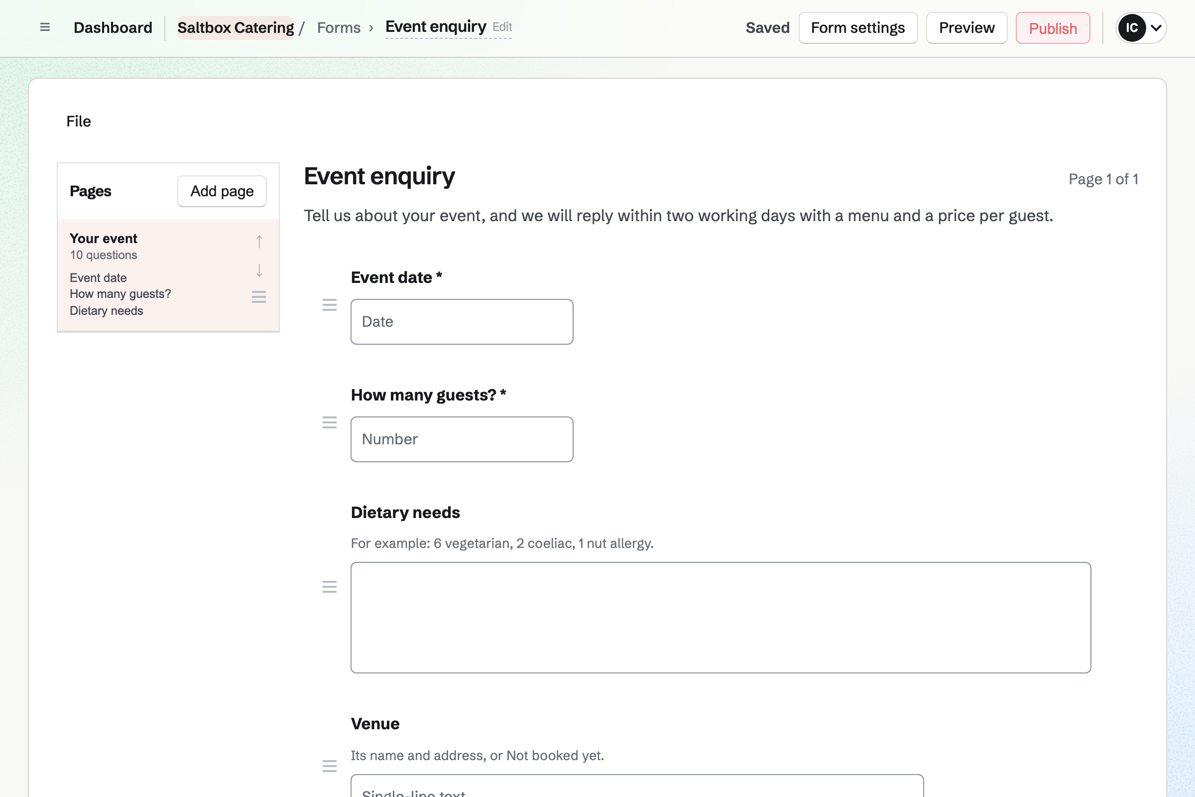 Saltbox Catering’s Event enquiry Form in the Form builder: questions for the event date, the number of guests, dietary needs and the venue, each with its answer type.