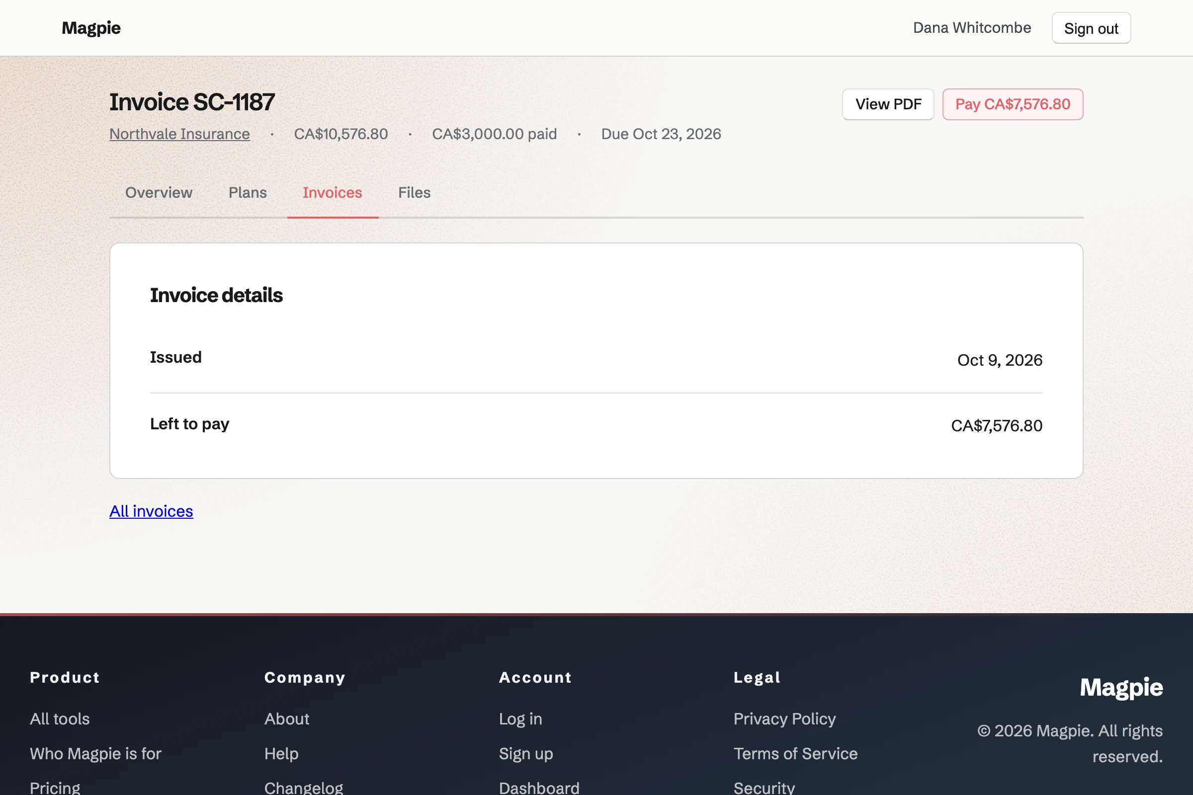 Invoice SC-1187 for Northvale Insurance as Dana Whitcombe sees it in Saltbox Catering’s client portal: the total, the CA$3,000.00 already paid, what is left to pay and a Pay button for it.