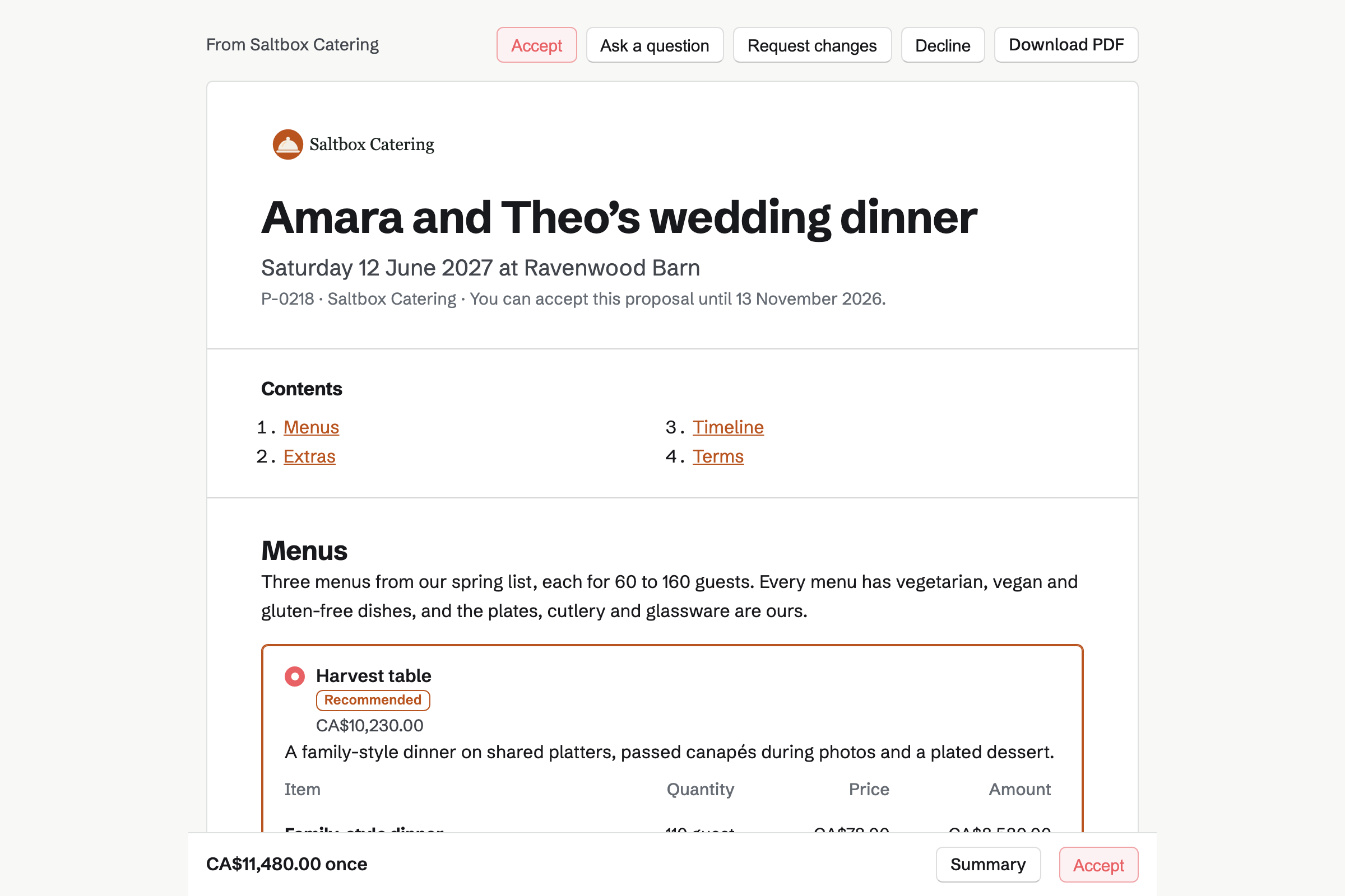 Amara Haddad’s proposal page for Saltbox Catering’s wedding dinner: the cover, a list of contents, the recommended Harvest table menu chosen, and the total in a bar at the foot of the screen.