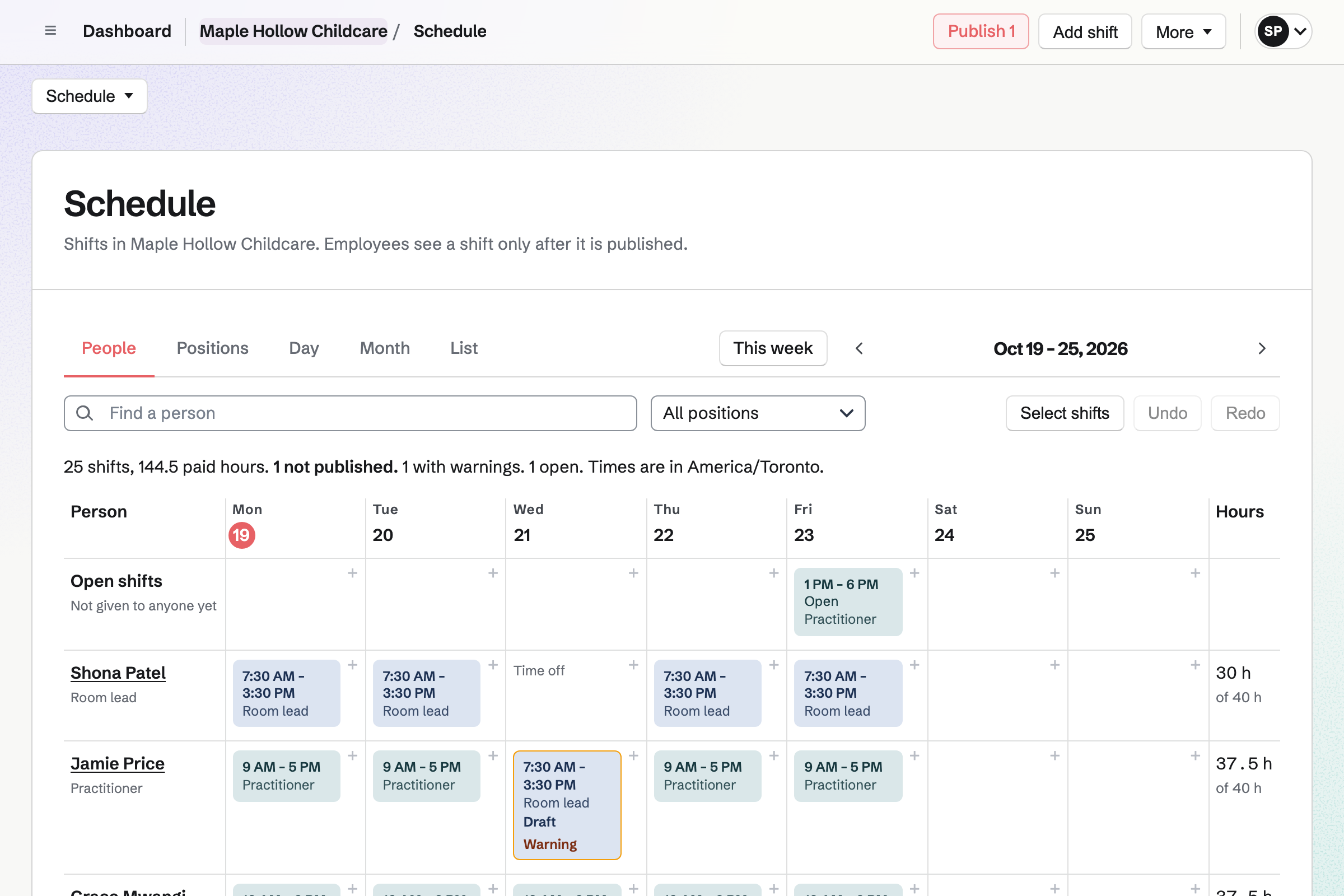 Maple Hollow Childcare’s rota for the week in Staff Scheduling: room lead and practitioner shifts, the room lead’s time off on Wednesday, an open Friday shift, and a draft room lead shift that Wednesday marked with a warning.