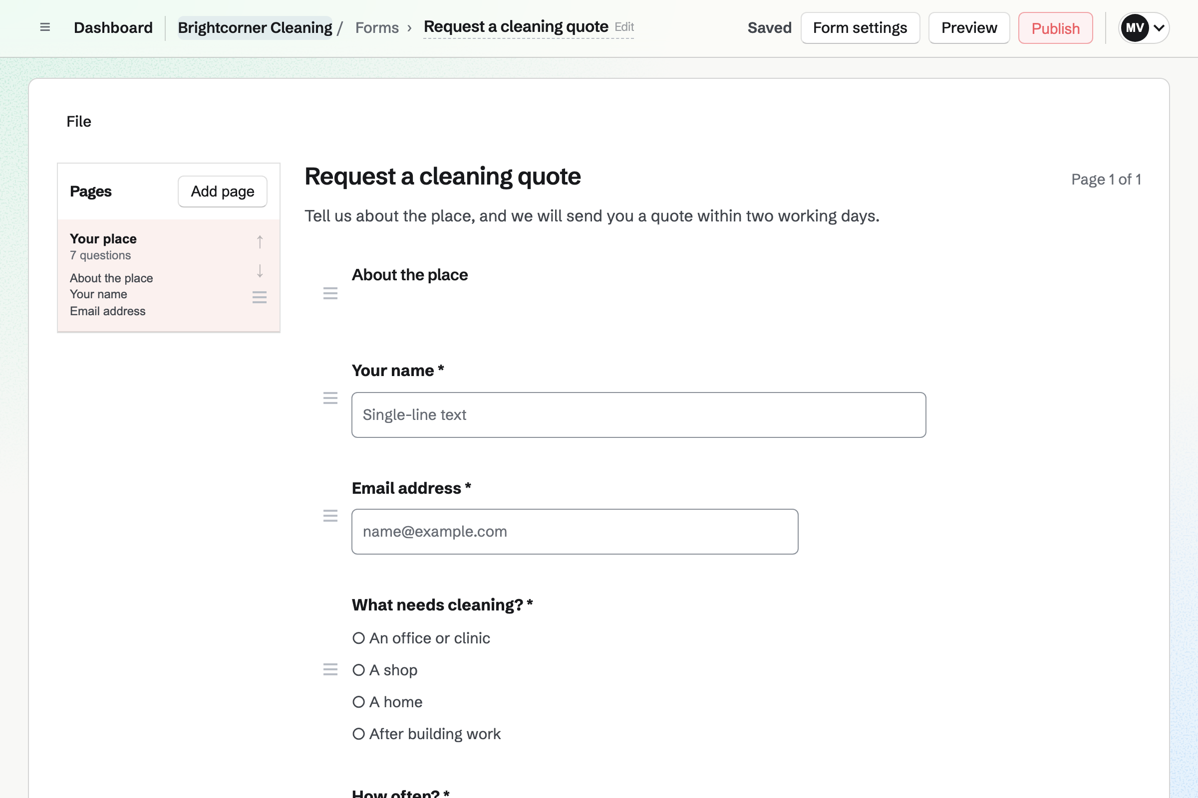 Brightcorner Cleaning’s quote request Form in the editor: the contact’s details, the kind of place and how often it needs cleaning.