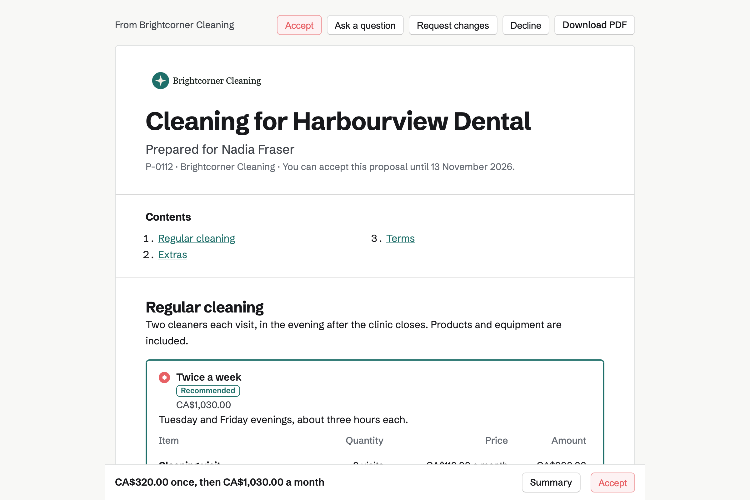An office cleaning proposal from Brightcorner Cleaning for Harbourview Dental, with the cover, the list of contents, the recommended twice-a-week package chosen and the monthly total in a bar at the foot of the screen.