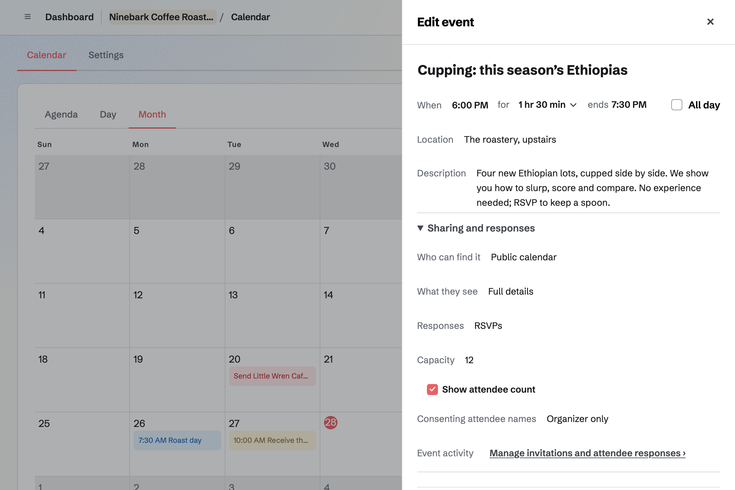 Ninebark’s cupping of this season’s Ethiopias in the new event drawer: on the roastery’s public calendar with RSVPs up to 12 seats and the attendee count shown, beside the month’s roast days, market days and a brewing class.