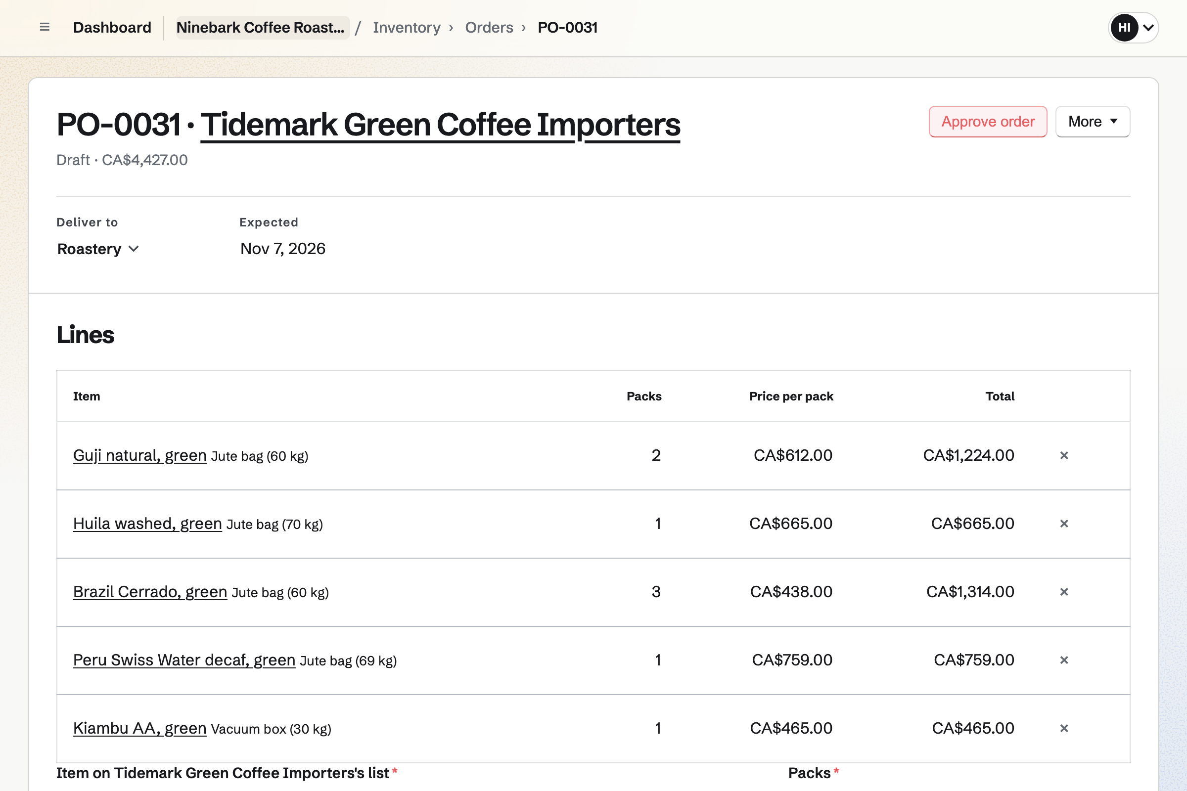 Ninebark’s draft purchase order to its green coffee importer: bags of Guji, Huila, Brazil Cerrado, Peru decaf and a box of Kenyan, each in the importer’s bag size and price, for delivery to the roastery.