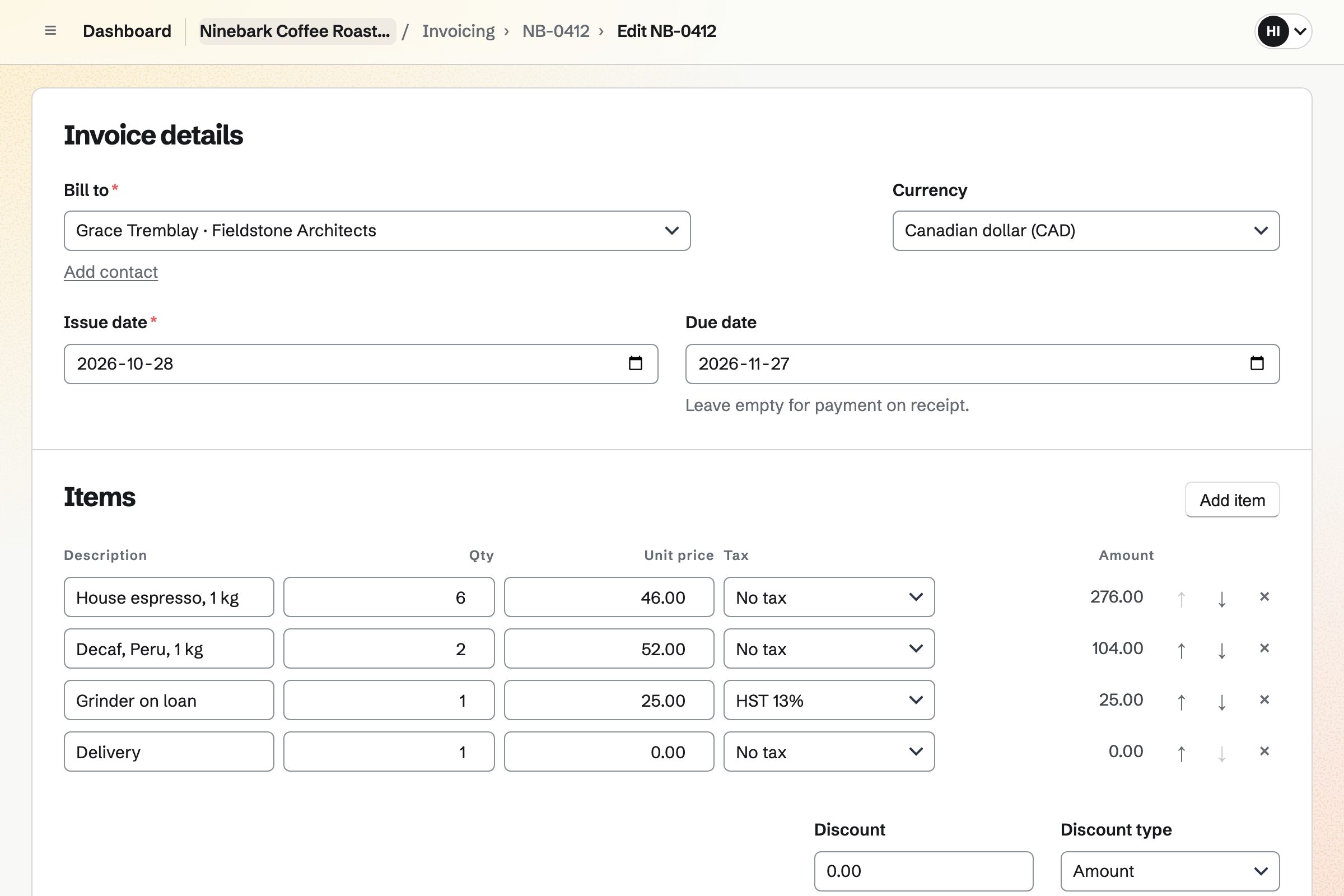 Ninebark’s invoice to Fieldstone Architects for the office’s monthly coffee: 1 kg bags of the house espresso and the decaf, and the grinder on loan, ready to be made recurring.