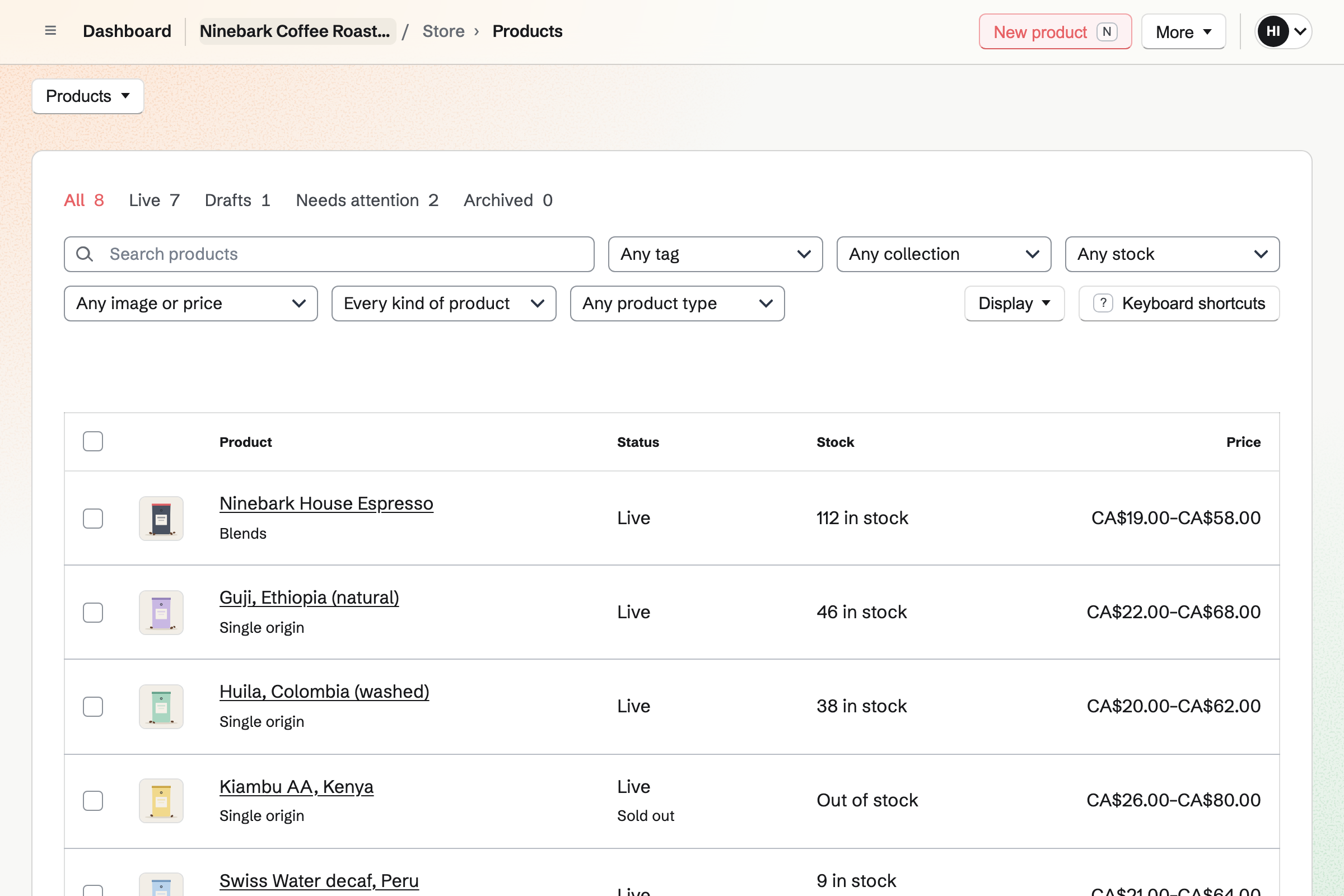Ninebark Coffee Roasters’ coffees in its shop: the house espresso, a natural Guji, a washed Huila, a sold-out Kenya and a decaf running low, each sold by bag size and grind, with the tasting set and gift card.