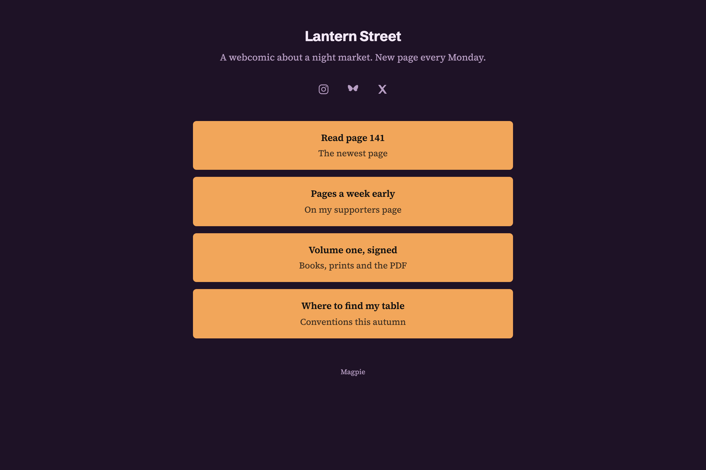Lantern Street’s Link-In-Bio List page: the comic’s name and line, links to the newest page, the supporters page, the shop and the convention dates, with Instagram, Bluesky and X icons.