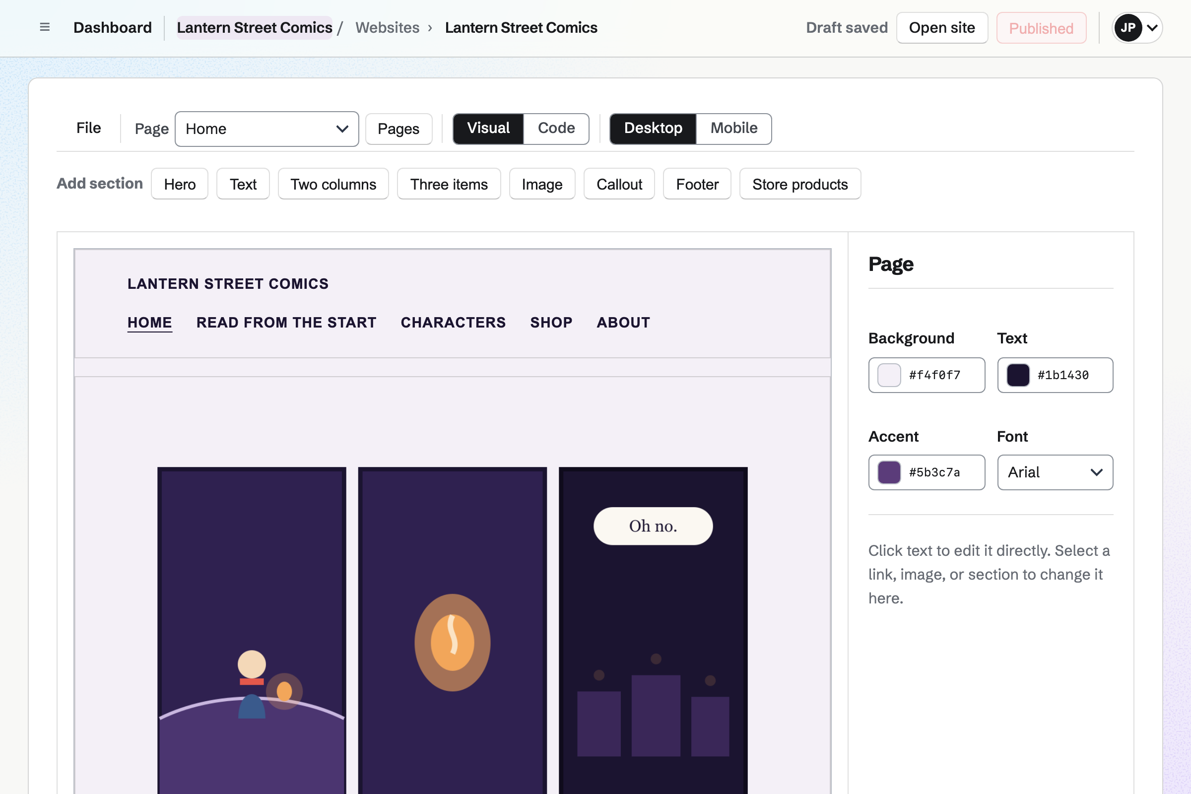 Lantern Street’s website open in the Websites editor in Visual mode: the Home page with three panels from the latest page under the site’s header, the sections to add, and the Page inspector with the site’s colours.