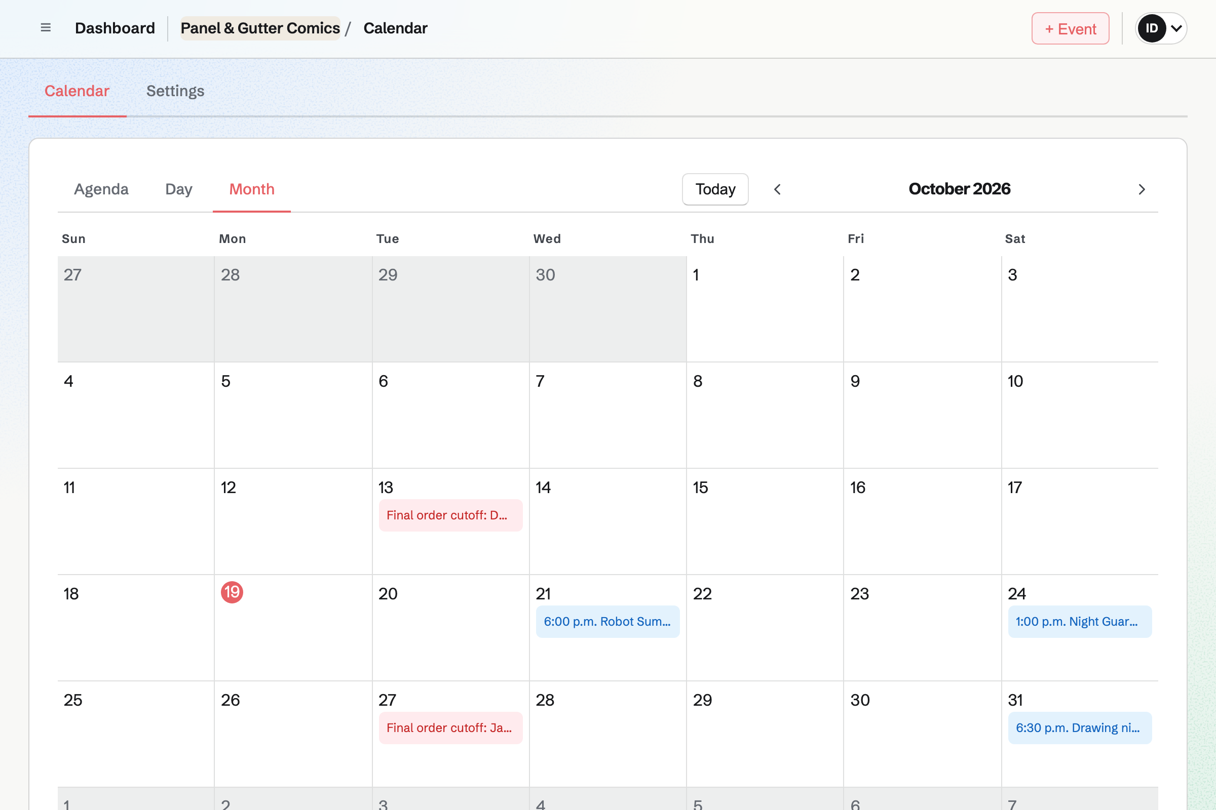 Panel & Gutter Comics’ team calendar for the month: a signing and a launch party, a drawing evening, and the final order cutoffs for the distributor as deadlines.