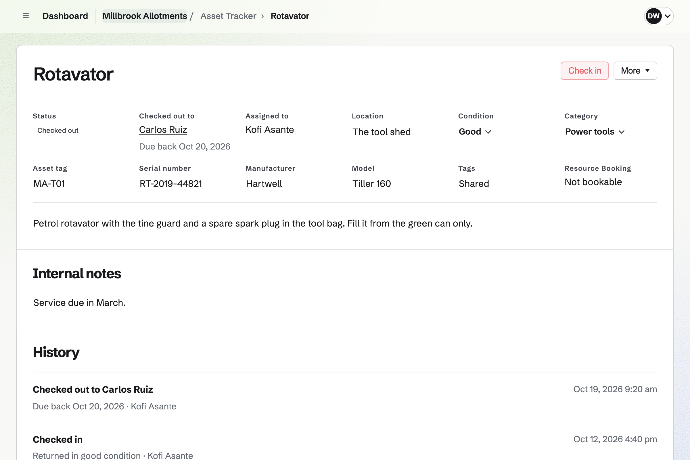 The shared rotavator’s record in Asset Tracker: checked out to a plot holder and due back tomorrow, with its tag, condition, category, location and what comes with it.