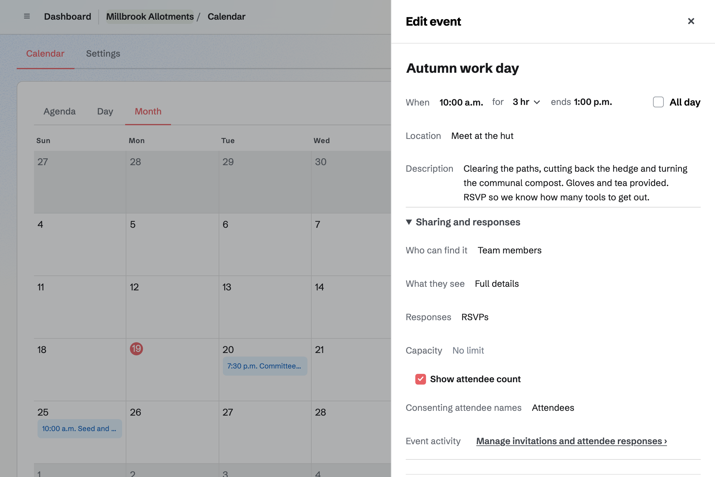 Millbrook Allotments’ Calendar with the autumn work day’s details open: it is for plot holders, it takes RSVPs, and its page shows how many are going.