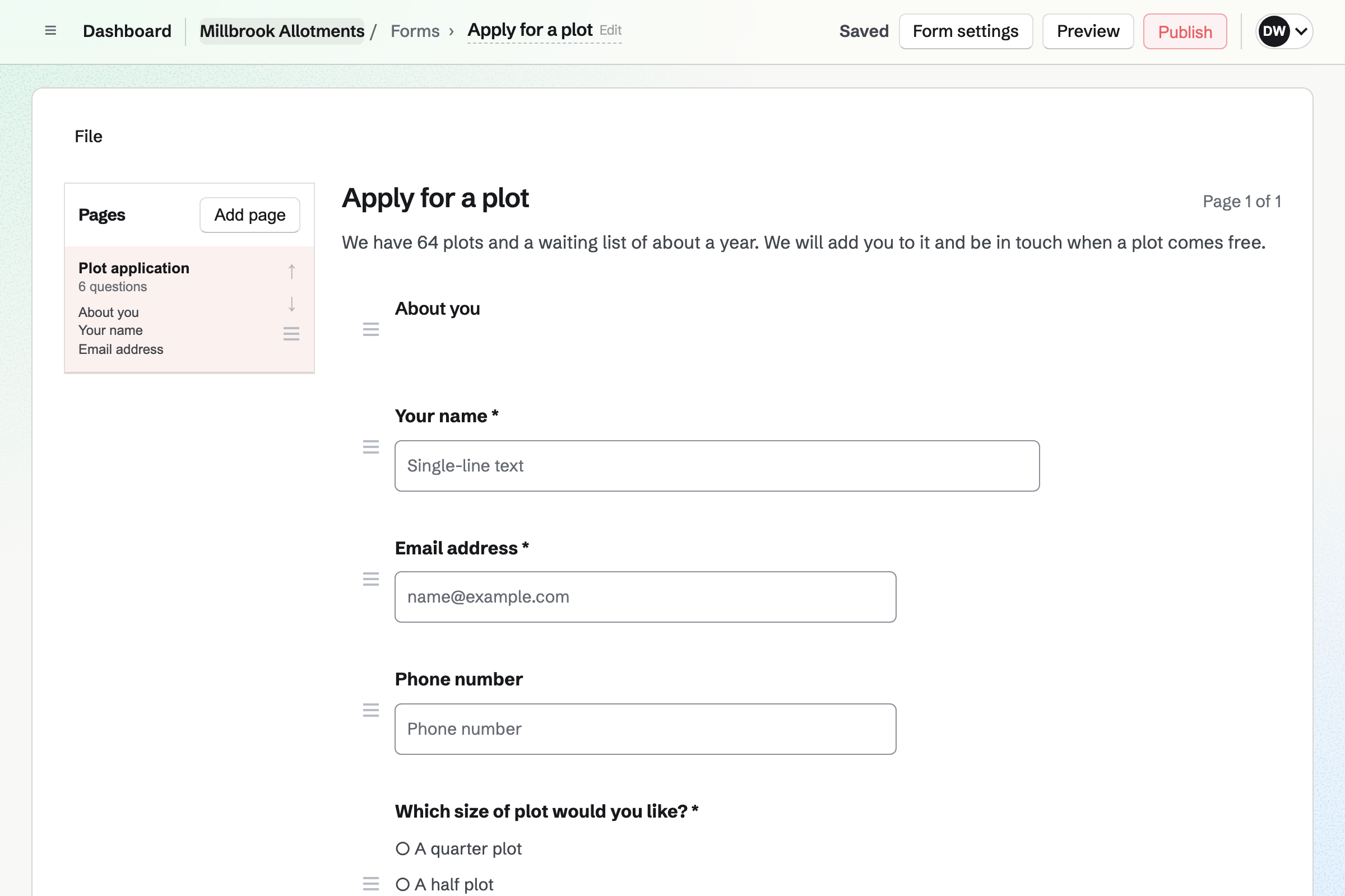 The Form builder with Millbrook Allotments’ plot application: a note about the waiting list, then questions for a name, an email, a phone number and the size of plot wanted.