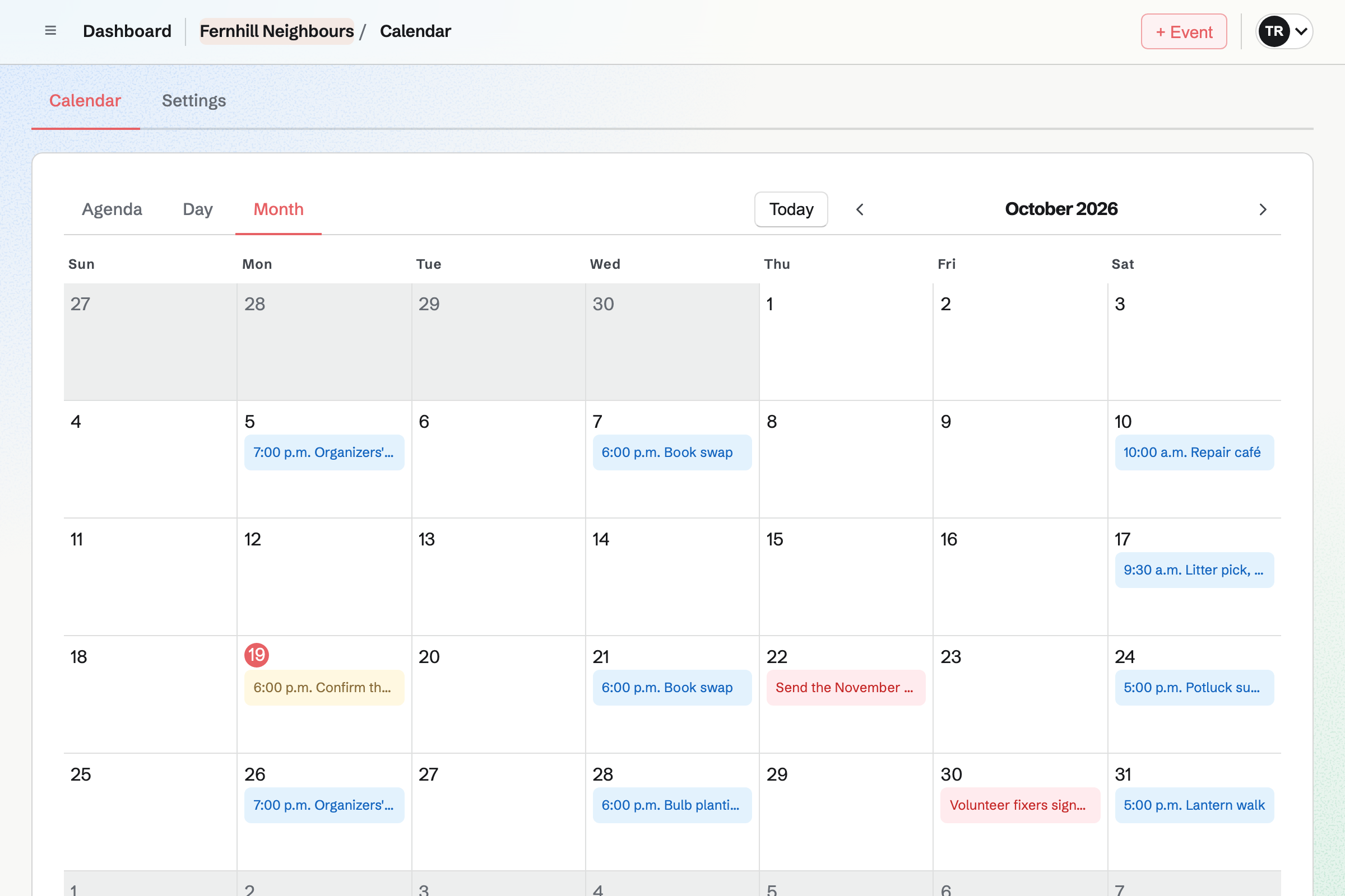 Fernhill Neighbours’ team Calendar for October in Month view on a computer and Agenda view on a phone: the repair café, book swaps, a litter pick, the potluck supper, organizers’ meetings and the lantern walk.