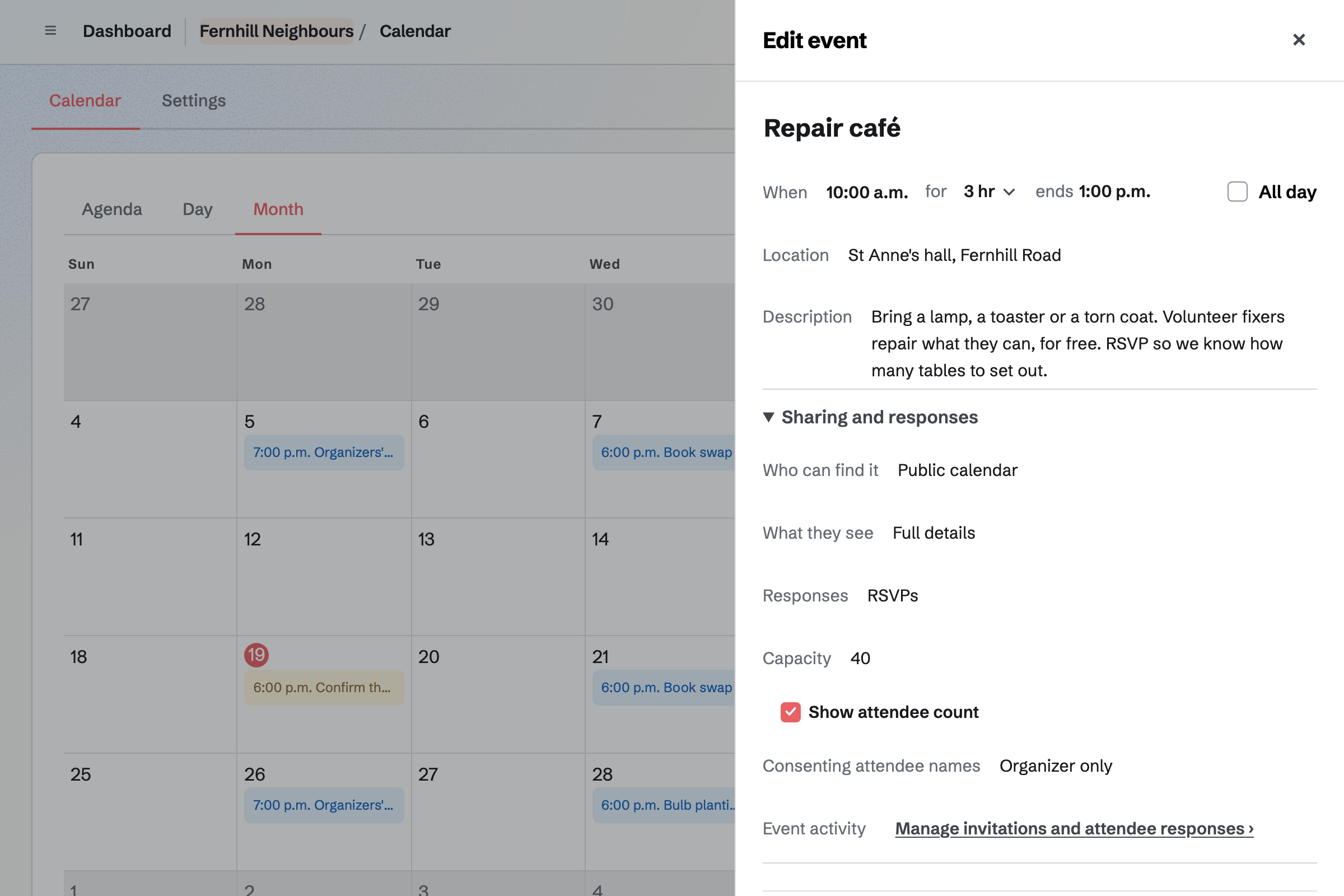 Fernhill Neighbours’ event drawer for the next repair café, over October’s calendar: on the public calendar, with RSVPs up to 40 people, the attendee count shown and names seen by the organizers only.
