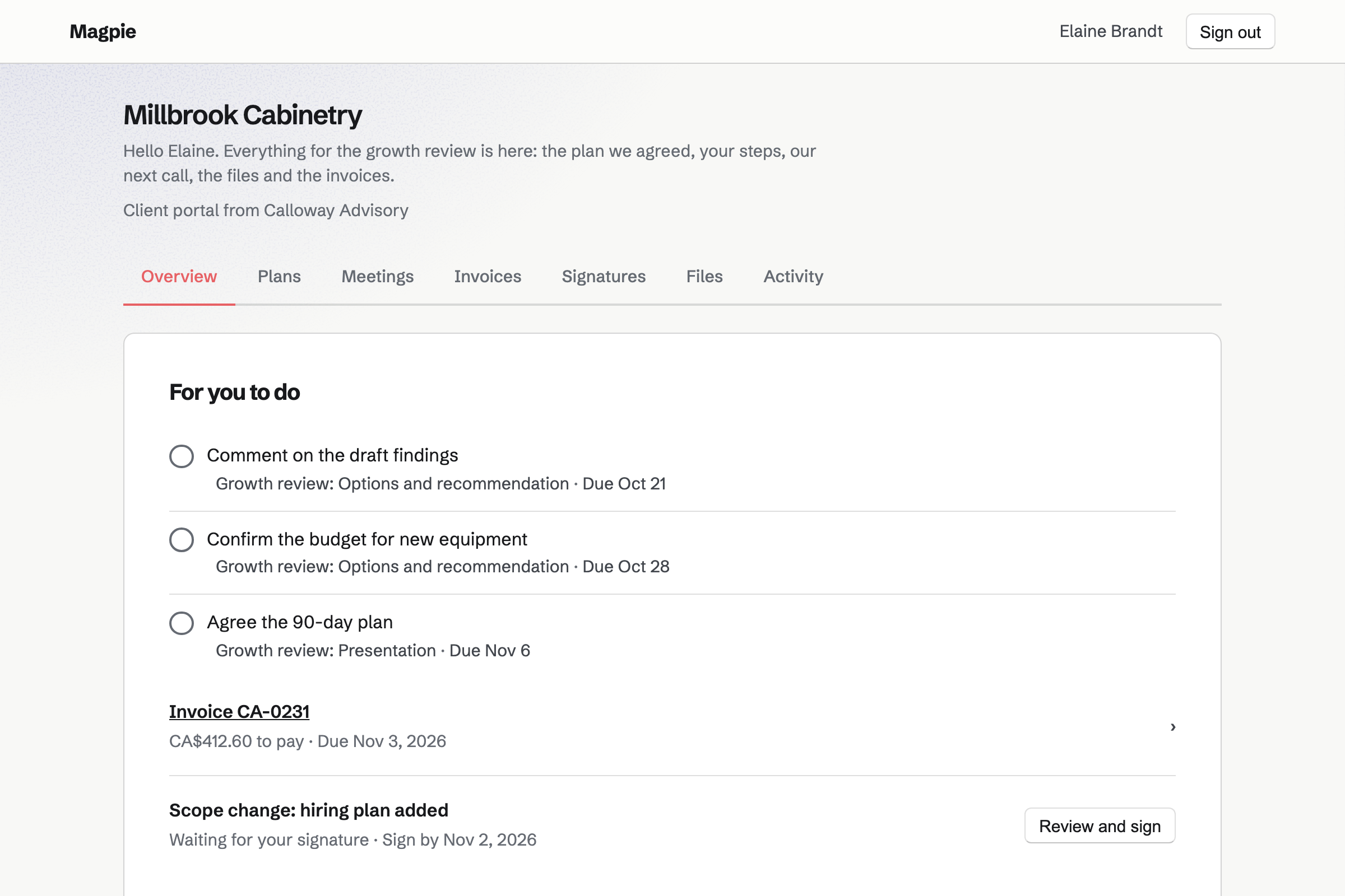 Millbrook Cabinetry’s portal from Calloway Advisory: the client’s steps under For you to do, an invoice for travel, and a scope change waiting for their signature.