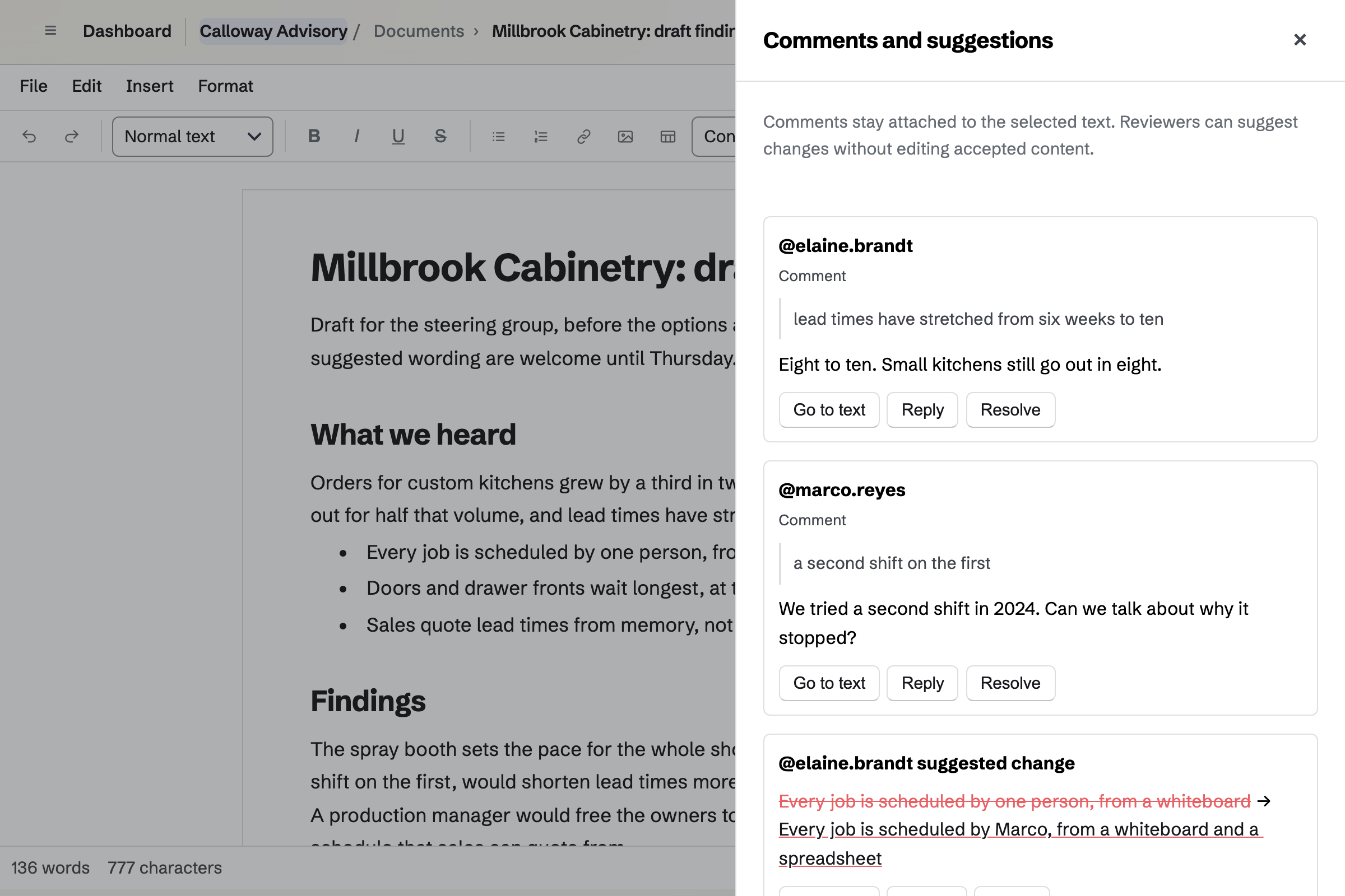 Calloway Advisory’s draft findings for Millbrook Cabinetry open for review, with comments and suggested wording from the client’s team beside the text.