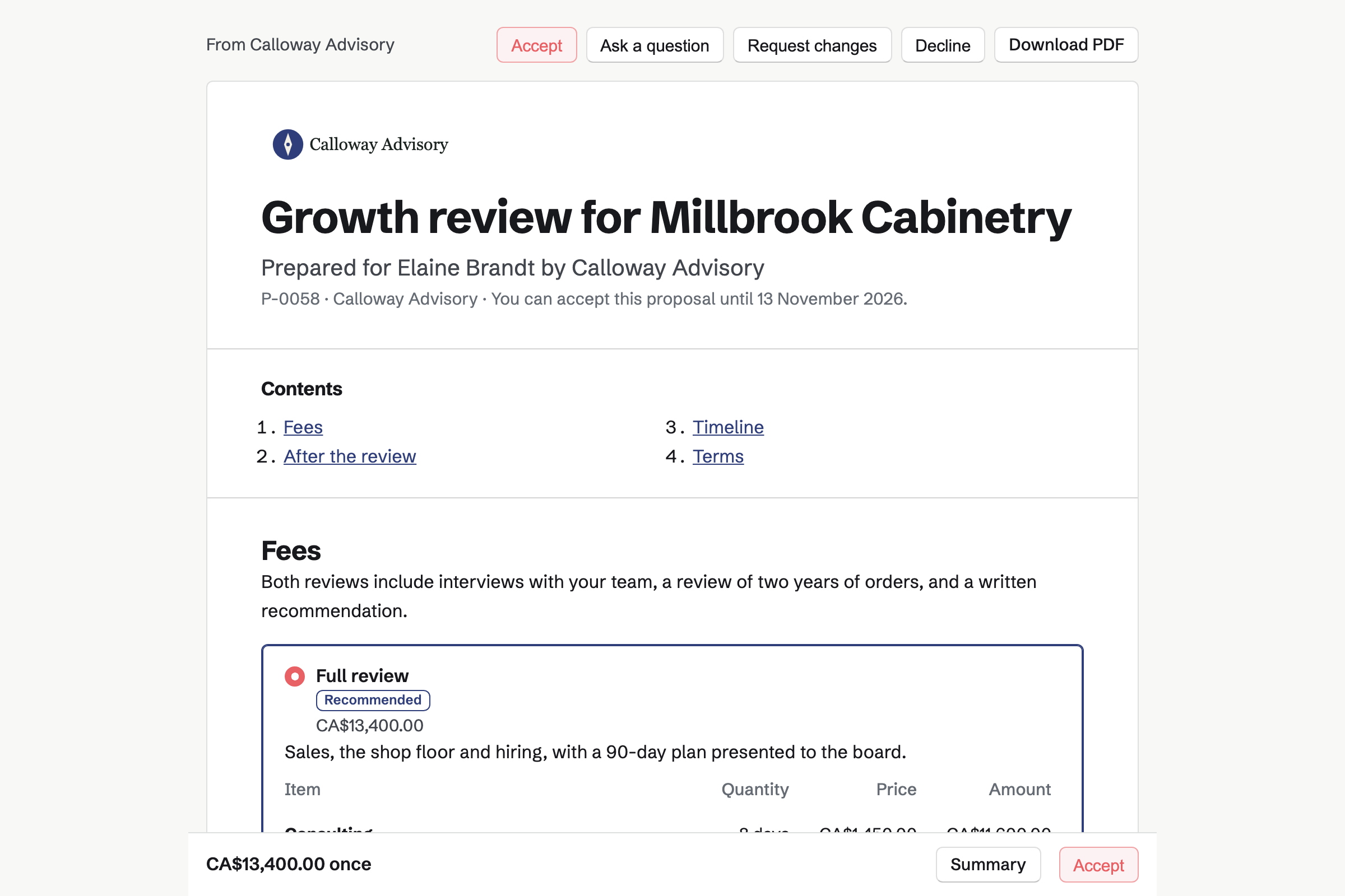 A growth review proposal from Calloway Advisory for Millbrook Cabinetry, with the cover, the list of contents, the recommended full review chosen and the total in a bar at the foot of the screen.