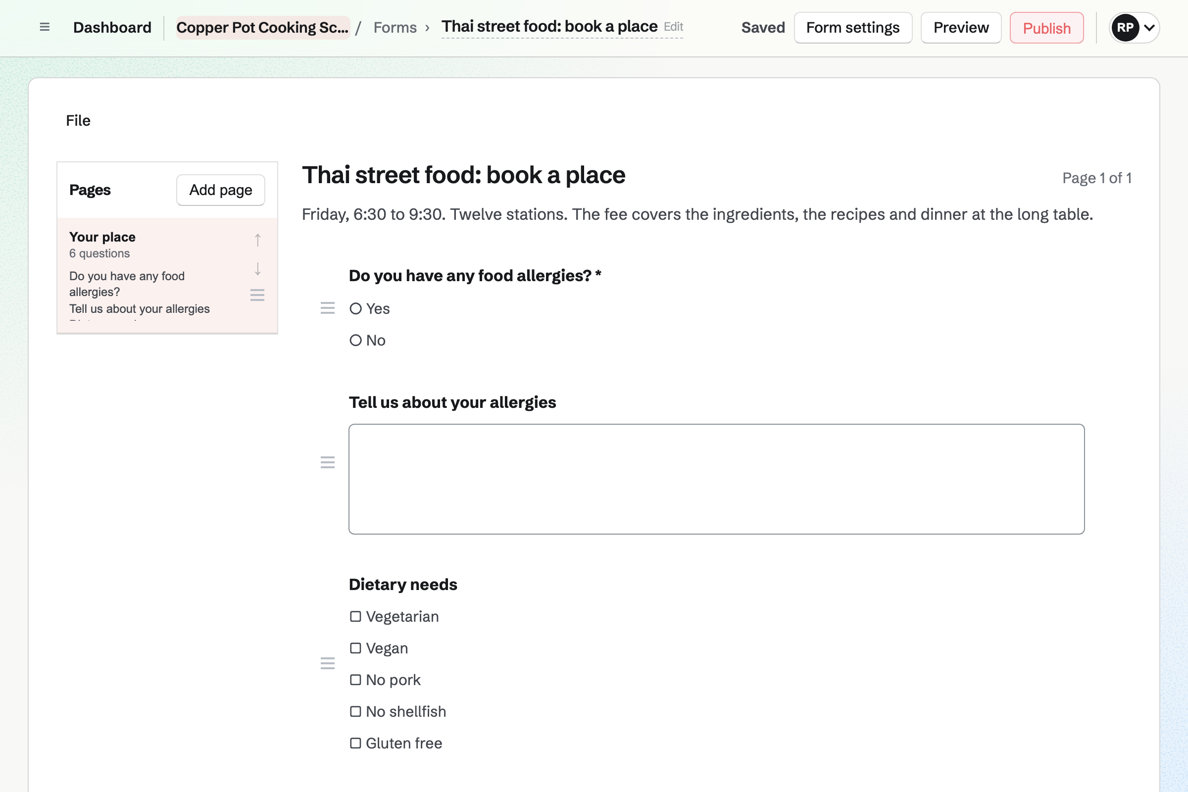 Copper Pot Cooking School’s booking Form for the Thai street food class in the Form builder: questions on allergies, dietary needs and cooking experience, then the student’s name and email address.