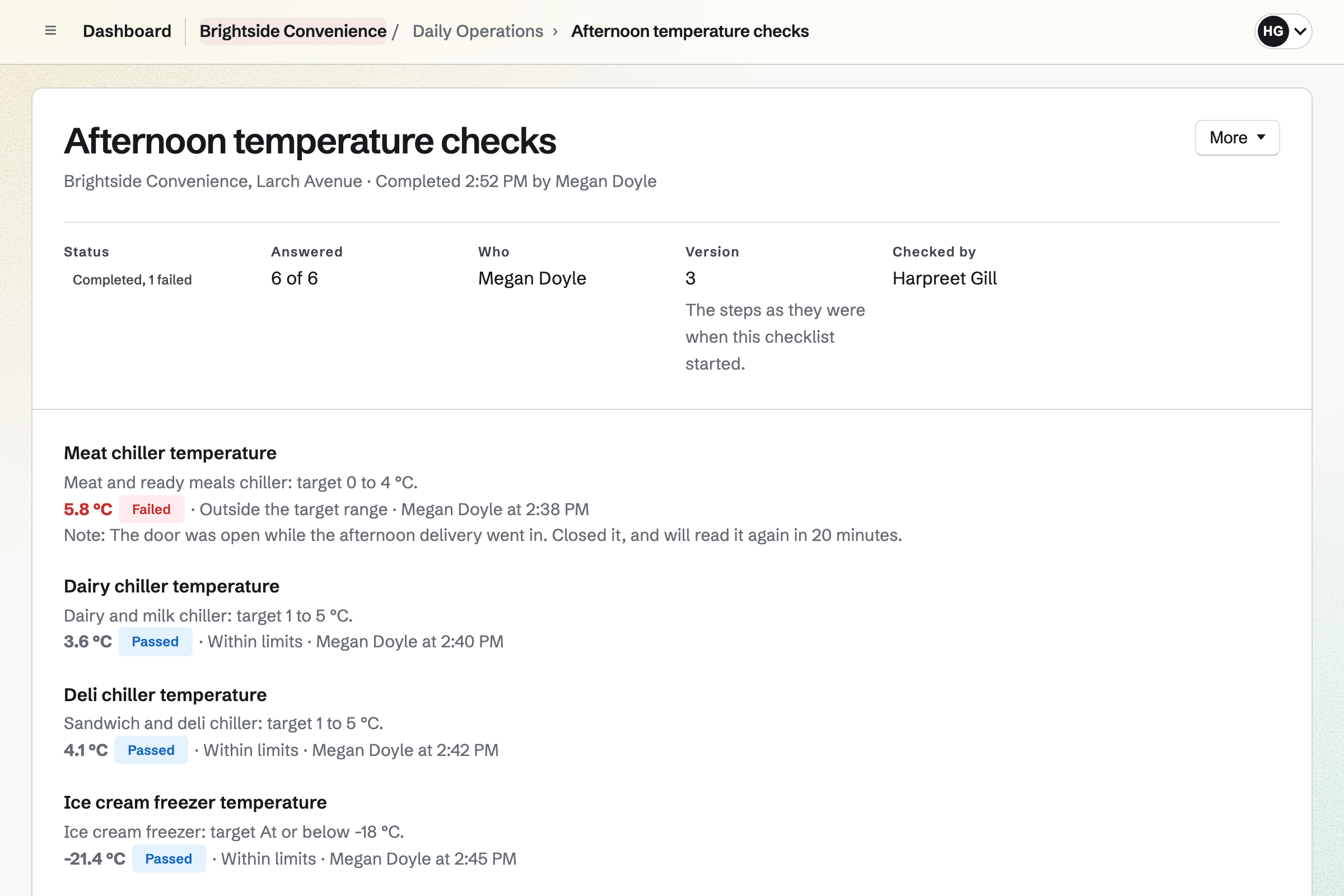 Brightside Convenience’s afternoon temperature checks, completed by Megan Doyle and checked by Harpreet Gill: the meat chiller read above its target range with a note saying why, and the dairy and deli chillers and the ice cream freezer within their limits.