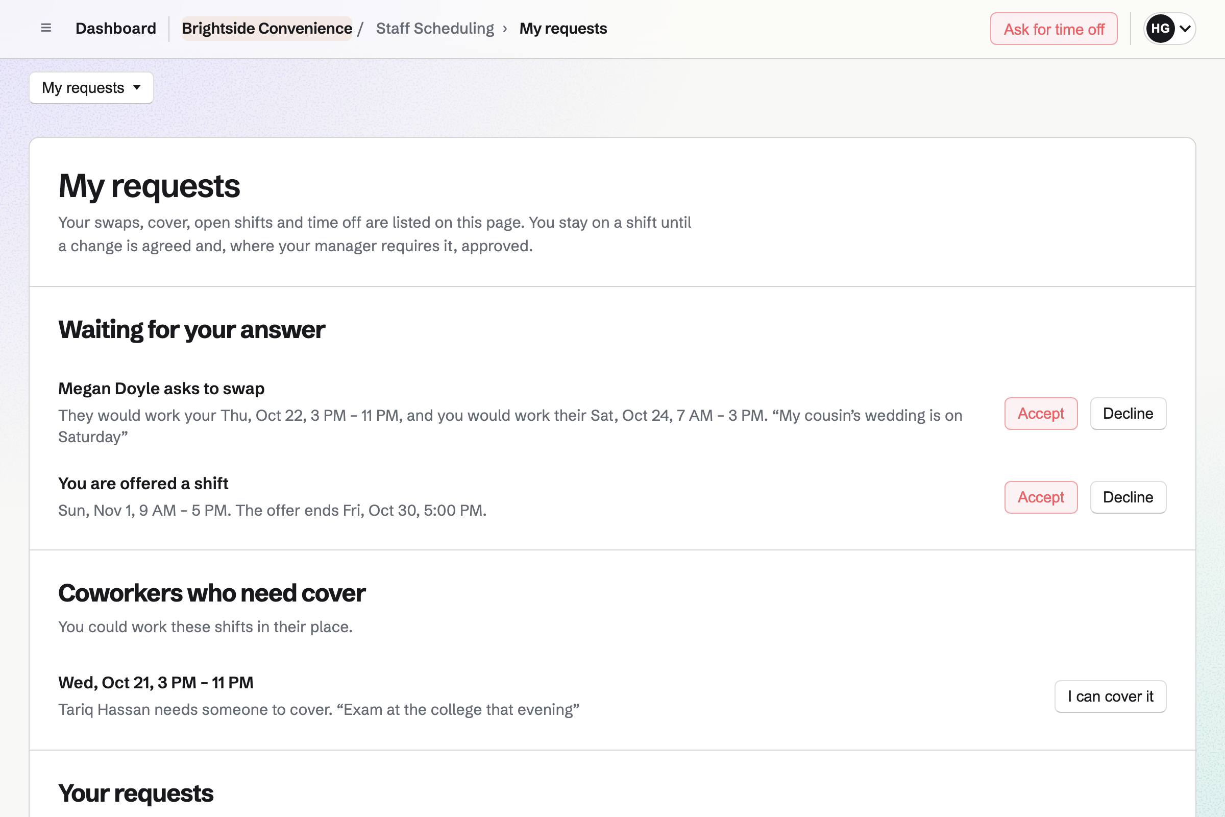 Harpreet Gill’s My requests page at Brightside Convenience: Megan Doyle asking to swap shifts and a shift offered to Harpreet, both waiting for an answer, and Tariq Hassan asking for someone to cover his Wednesday evening.
