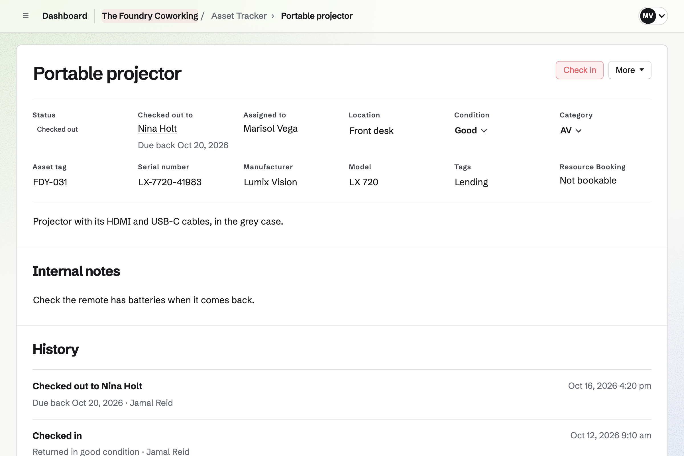 A portable projector in The Foundry Coworking’s Asset Tracker: checked out to a member and due back tomorrow, with its tag, serial number, model, location and condition, then its notes and history.