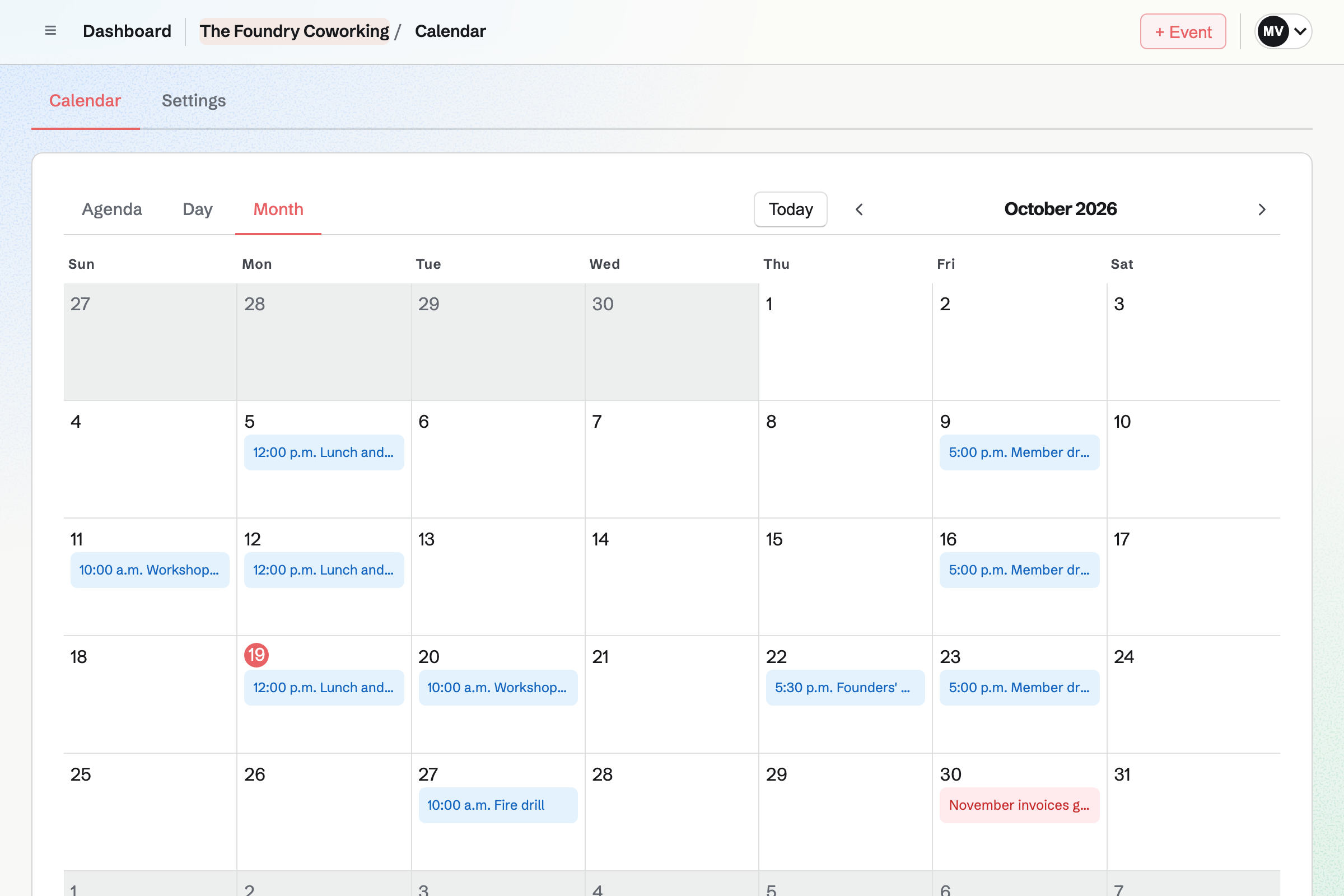 The Foundry Coworking’s team Calendar for October in Month view on a computer and Agenda view on a phone: lunch and learns, member drinks, a founders’ meetup, workshop inductions and the fire drill.