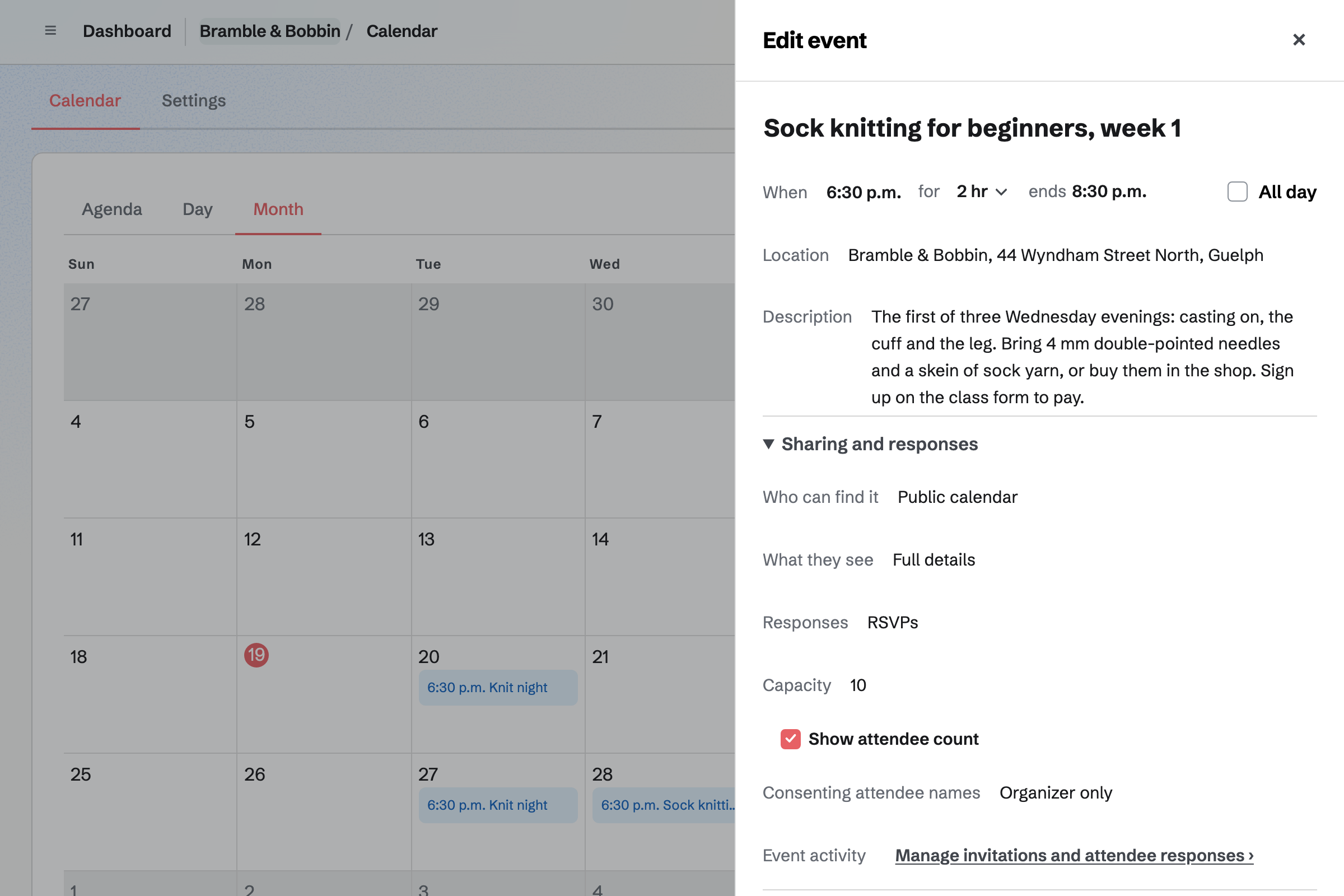 Bramble & Bobbin’s sock-knitting class on its calendar: a public event with RSVPs up to ten places and its attendee count shown, beside the month’s Tuesday knit nights.