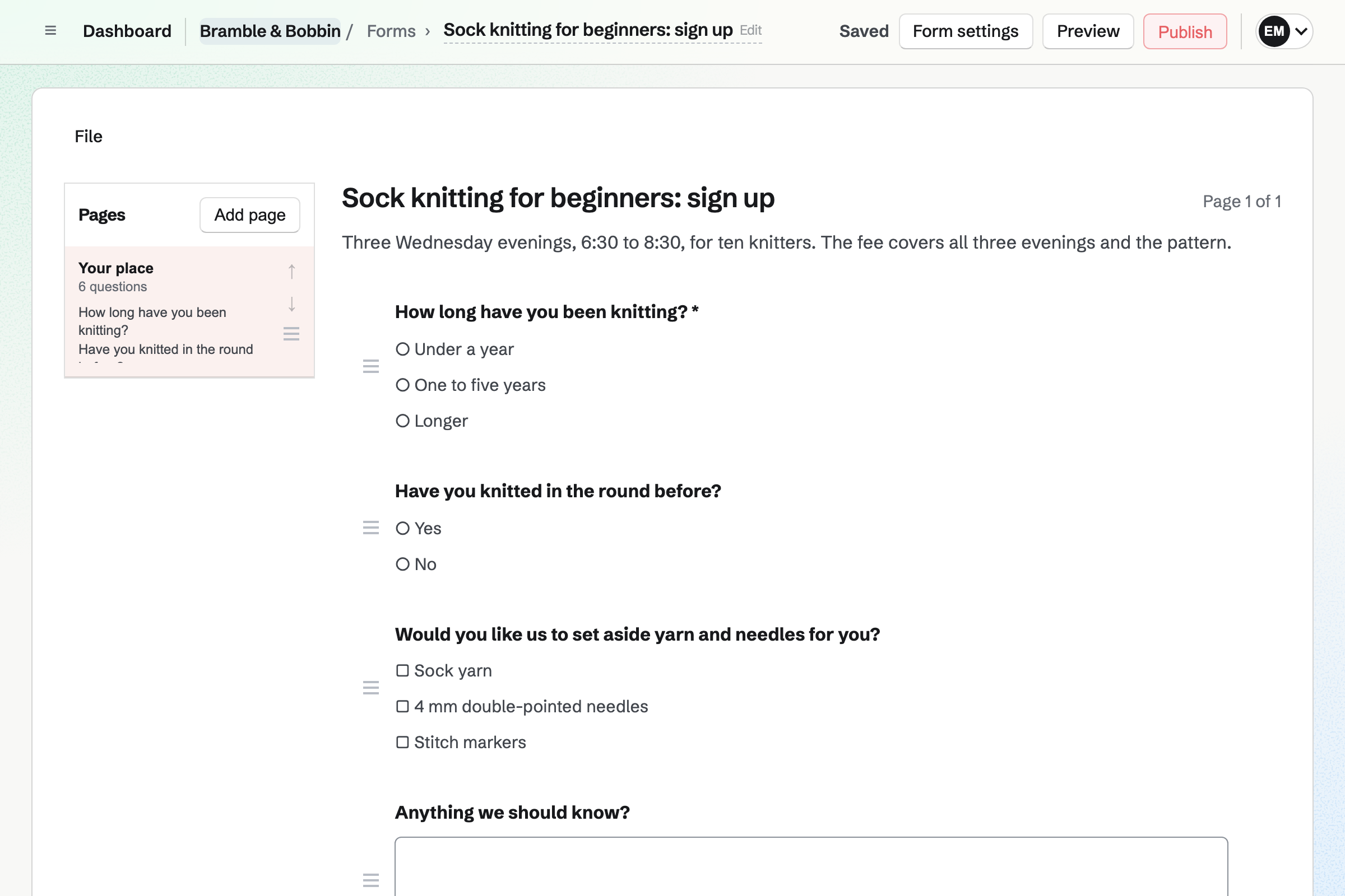 Bramble & Bobbin’s sign-up Form for the beginners’ sock-knitting class in the Form builder: questions on experience, needle size and yarn, then the knitter’s name and email address.