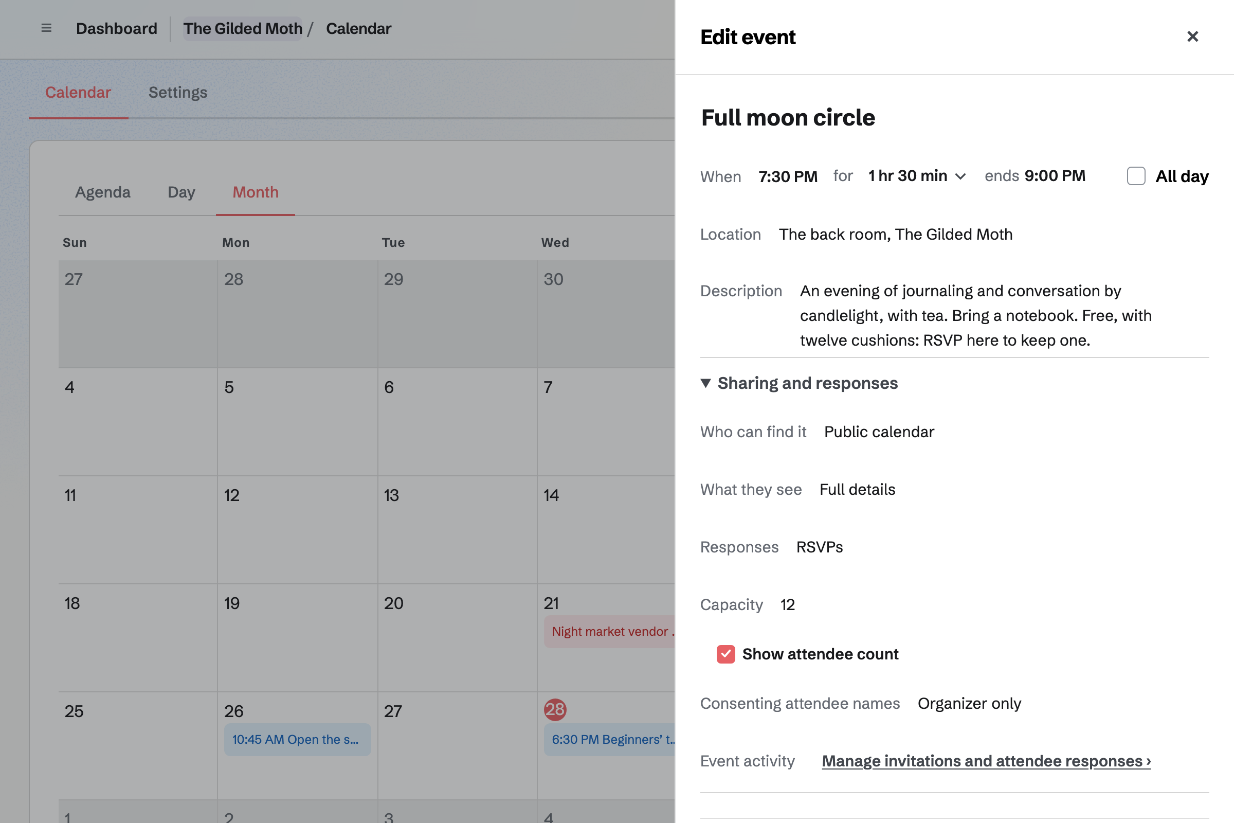 The Gilded Moth’s full moon circle in the new event drawer: on the shop’s public calendar with RSVPs up to 12 places and the attendee count shown, beside the month with the beginners’ tarot class, the book club and the night market.
