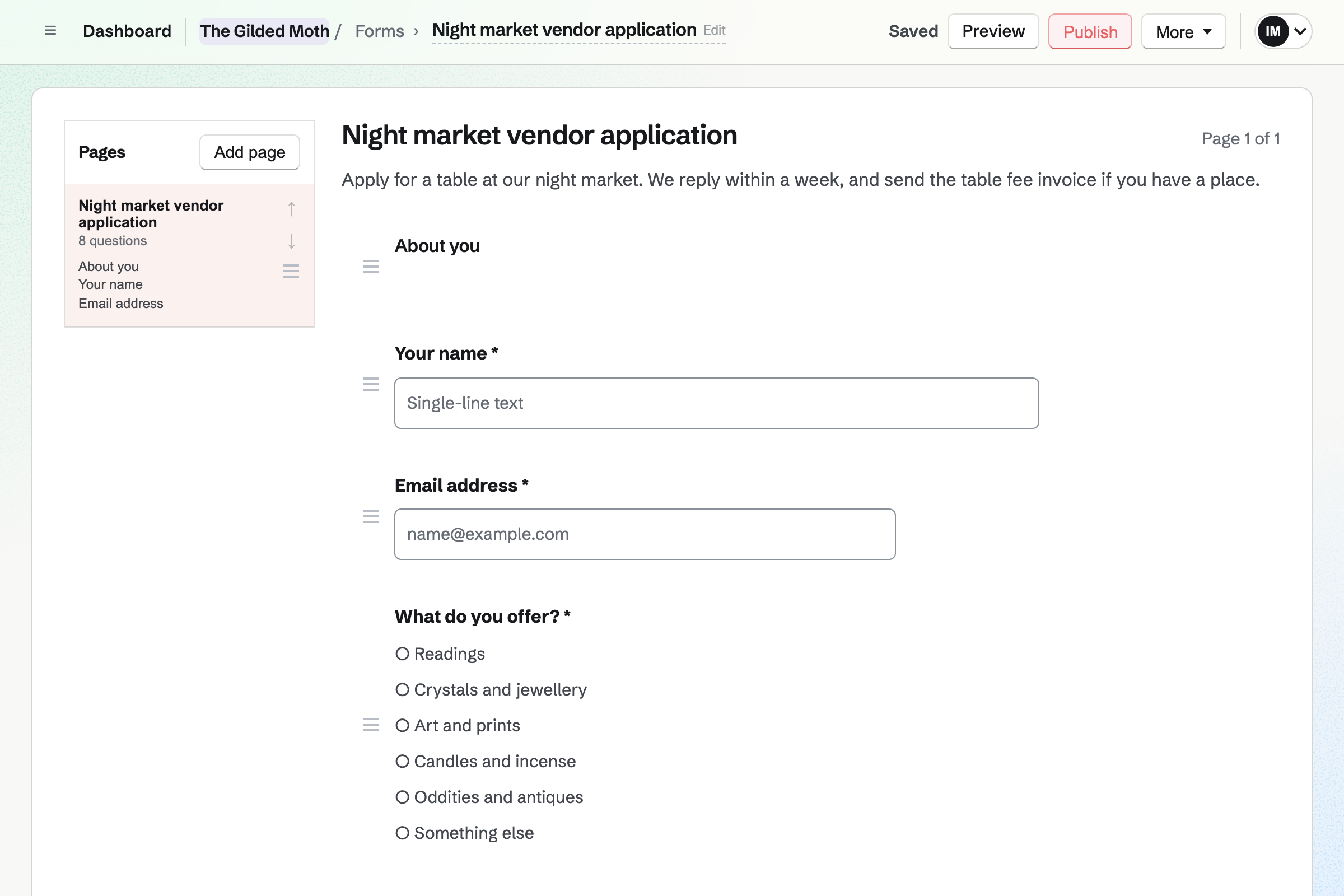 The Gilded Moth’s night market vendor application in the builder: the vendor’s name and email, what they offer, the table they need, whether they need power, a question for a photo of their table, and a link to their work.