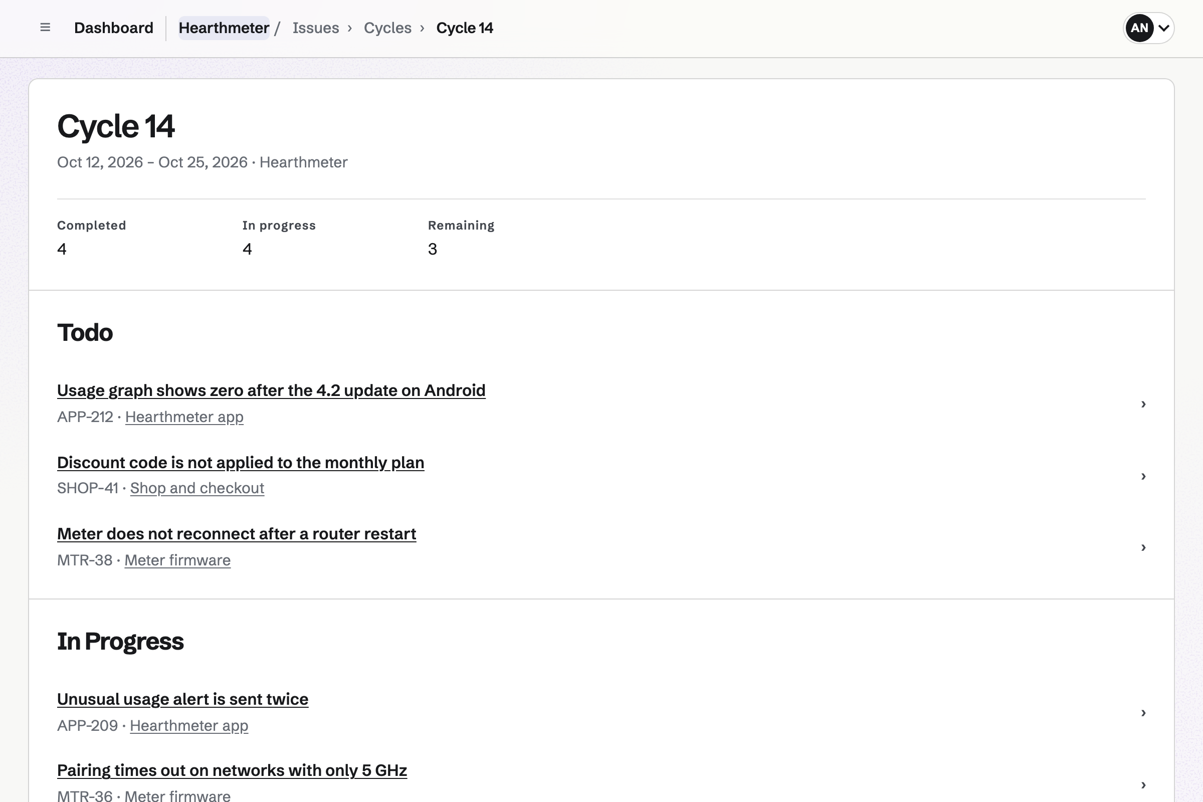 Hearthmeter’s Cycle 14 in Issues: four issues completed, four in progress and three remaining, then the bugs still to do and in progress for the app, the meter’s firmware and the shop, such as a usage graph that shows zero after an app update.