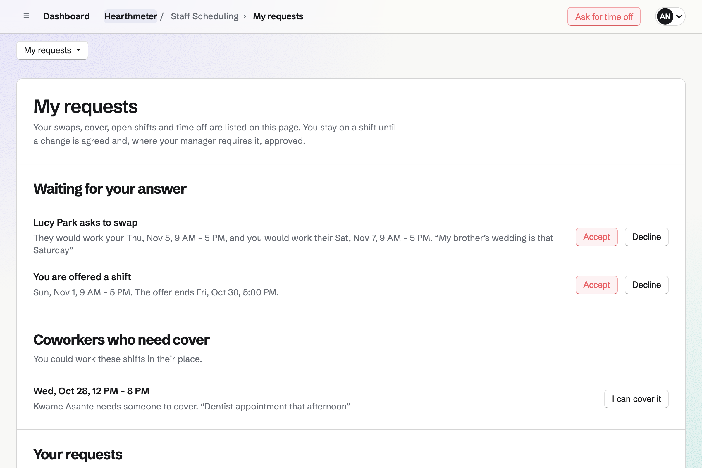 Amara Nwosu’s requests in Hearthmeter’s Staff Scheduling: Lucy Park asks to swap her Saturday shift, a Sunday shift is offered, and Kwame Asante needs cover for a late shift.