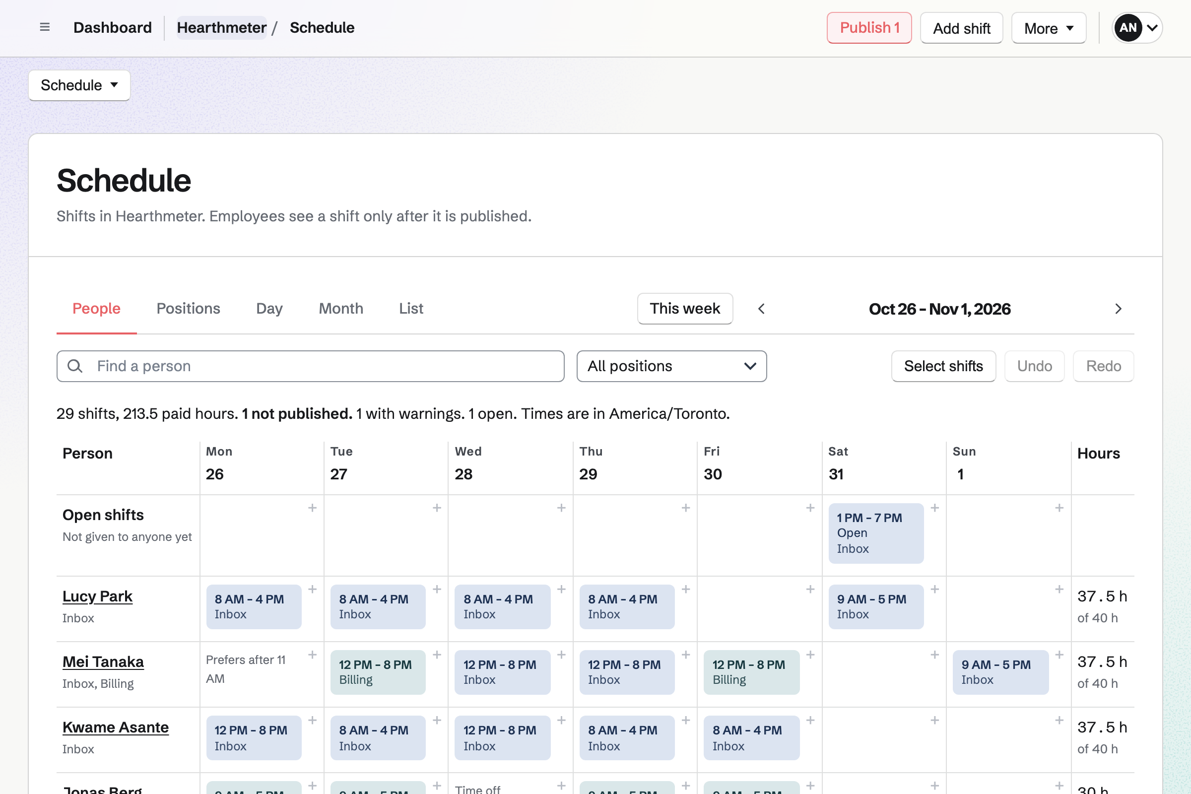 Hearthmeter’s support rota for the week in Staff Scheduling: an open Saturday afternoon Inbox shift, then the early and late Inbox and Billing shifts of Lucy Park, Mei Tanaka and Kwame Asante, with Saturday and Sunday covered.