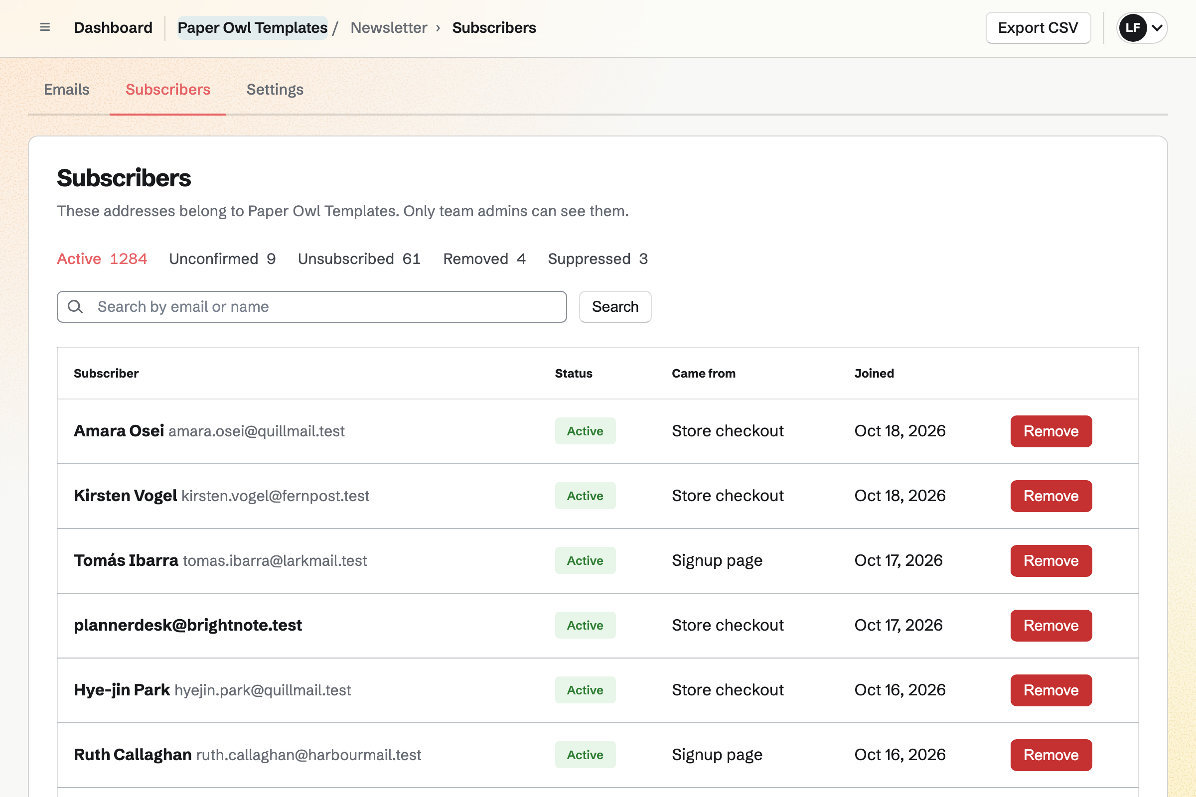 Paper Owl Templates’ newsletter subscribers on the Active tab, newest first, most of them added from Store checkout and some from the signup page, with the counts for each status.