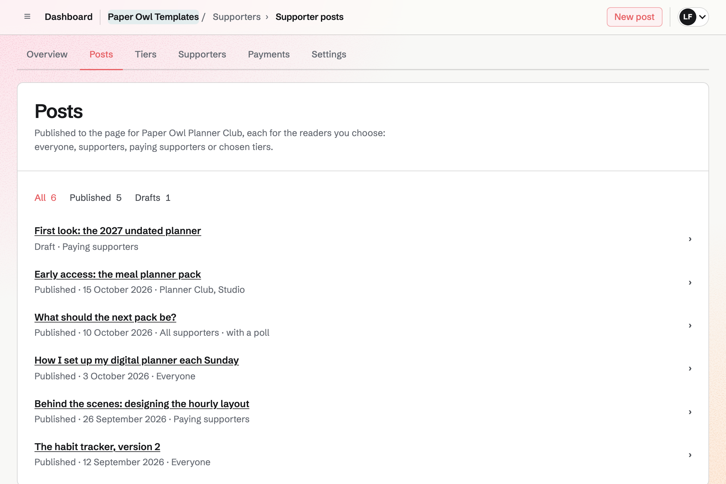 Paper Owl Templates’ Supporters posts: a draft first look at the 2027 undated planner for paying supporters, then published posts newest first, each with who it is for, among them an early access pack for the Planner Club and Studio tiers and a poll on what to make next.