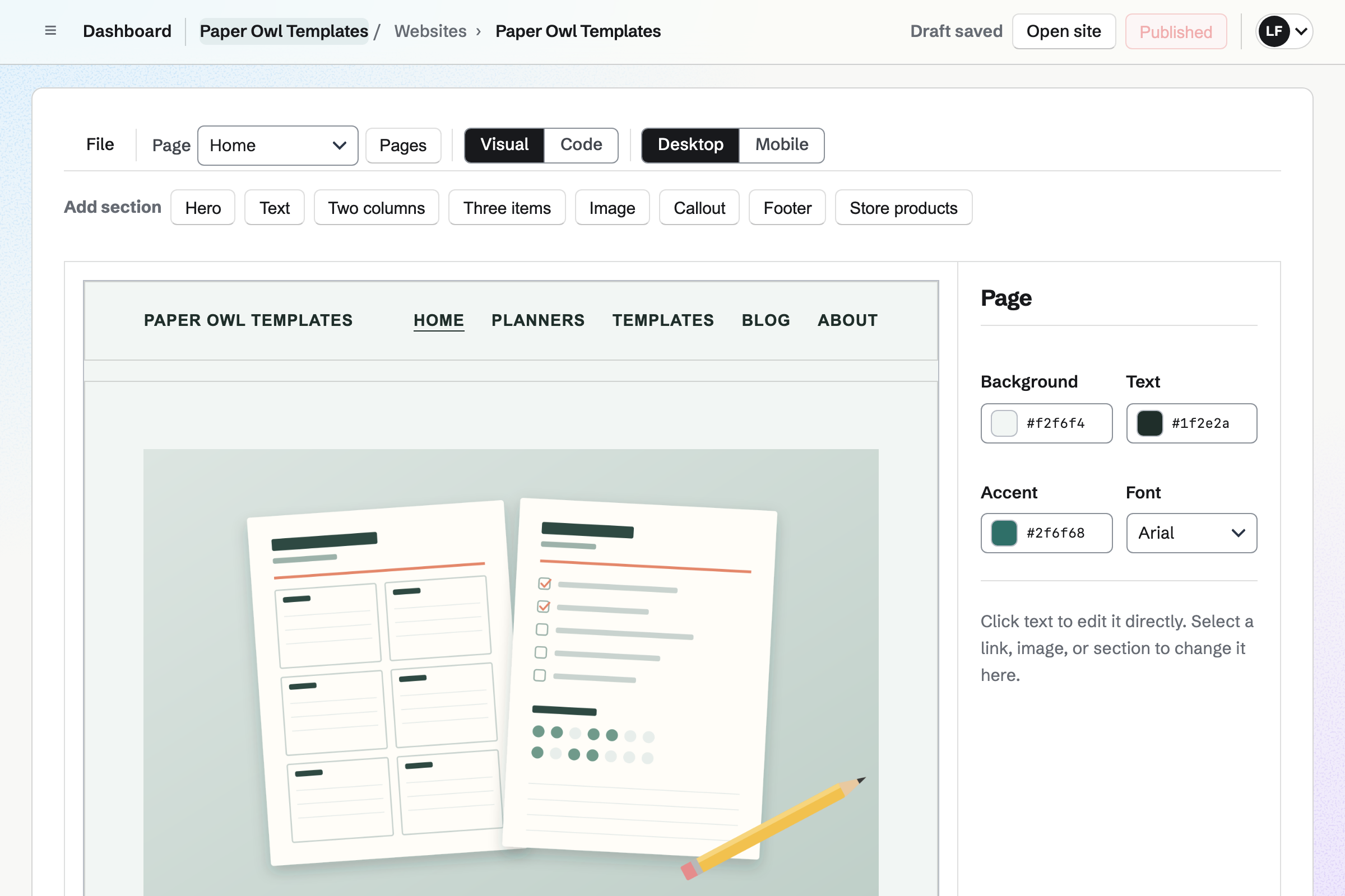 Paper Owl Templates’ website open in the Websites editor in Visual mode: the Home page with a picture of the weekly planner under the site’s header, the sections to add with Store products among them, and the Page inspector with the site’s colours.